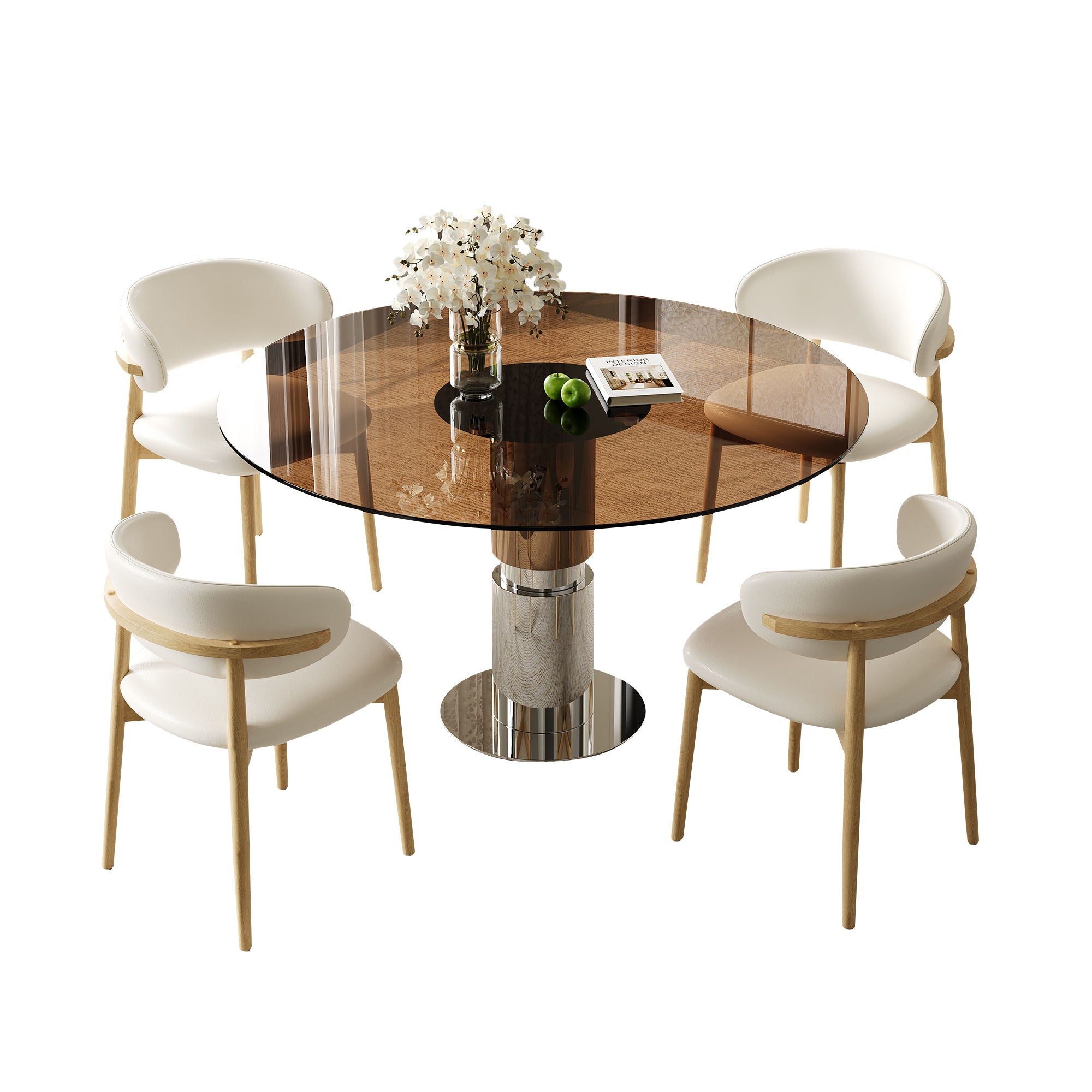 Round Glass Dining Table With Stainless Steel Legs And Chairs