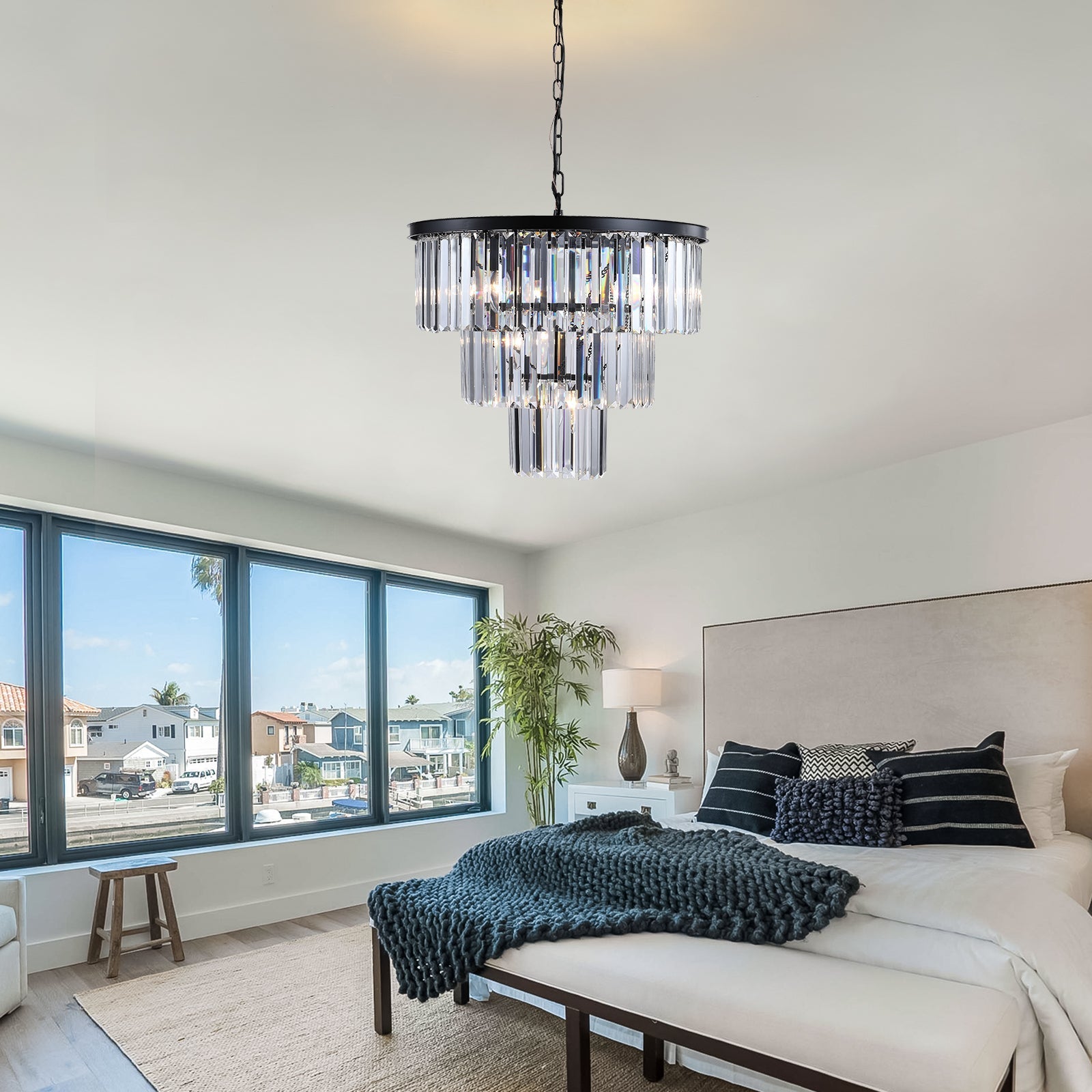 (Same as W1340102277/L5007) 20' Luxury 3-Tier Crystal Chandelier, 7-Light Black Frame Pendant Light, Elegant Ceiling Lighting for Living Room, Dining Room, Bedroom (No Bulbs)