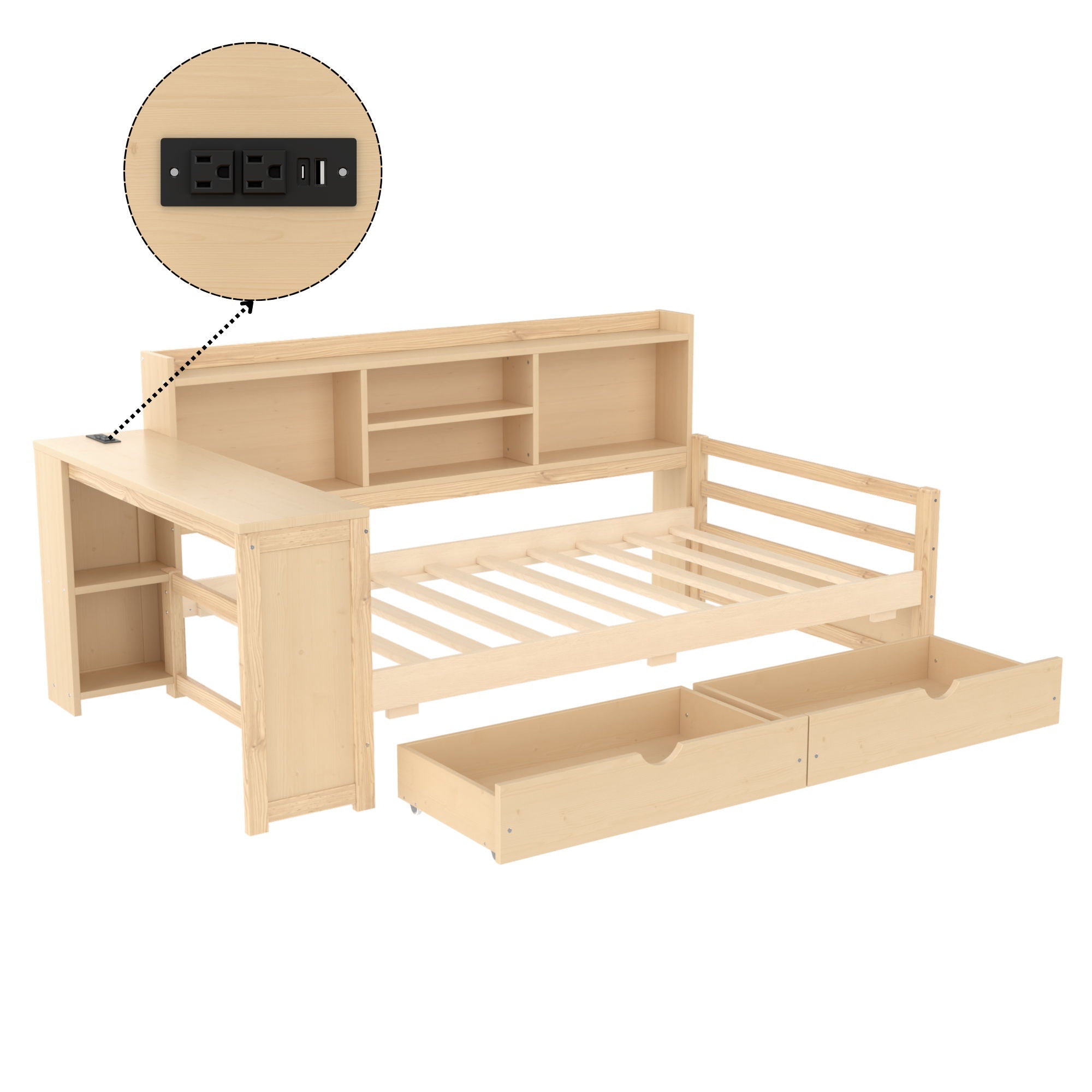 Corner Daybed With Storage Drawers, Desk, Charging Port & Bookcase