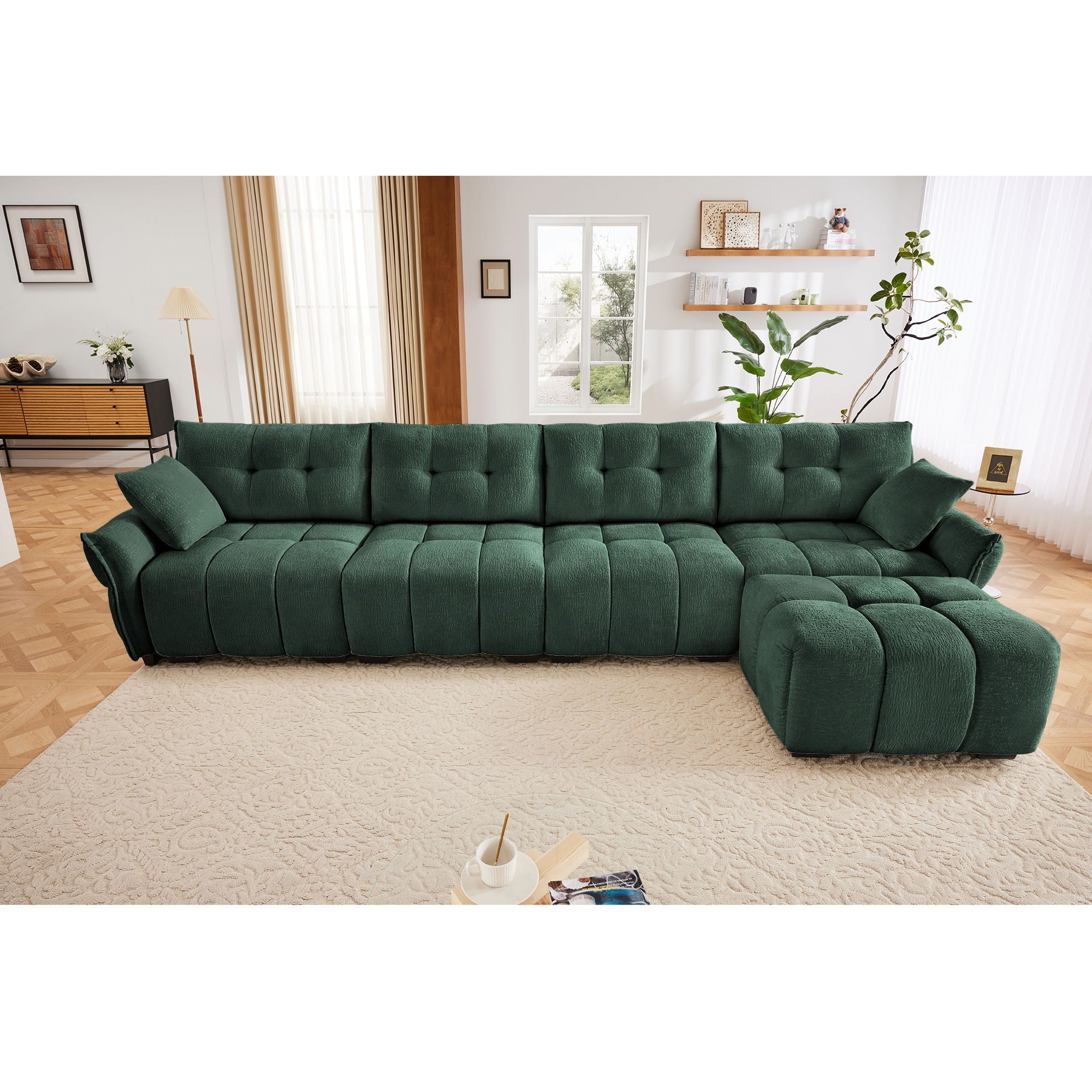 Sofa Set With Ottoman And Pillows, Textured, High Resilience Cushions