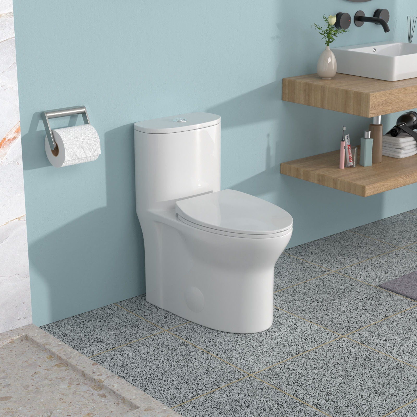 1 Piece Toilet For Bathroom, Dual Flush, Soft Closing Seat - White