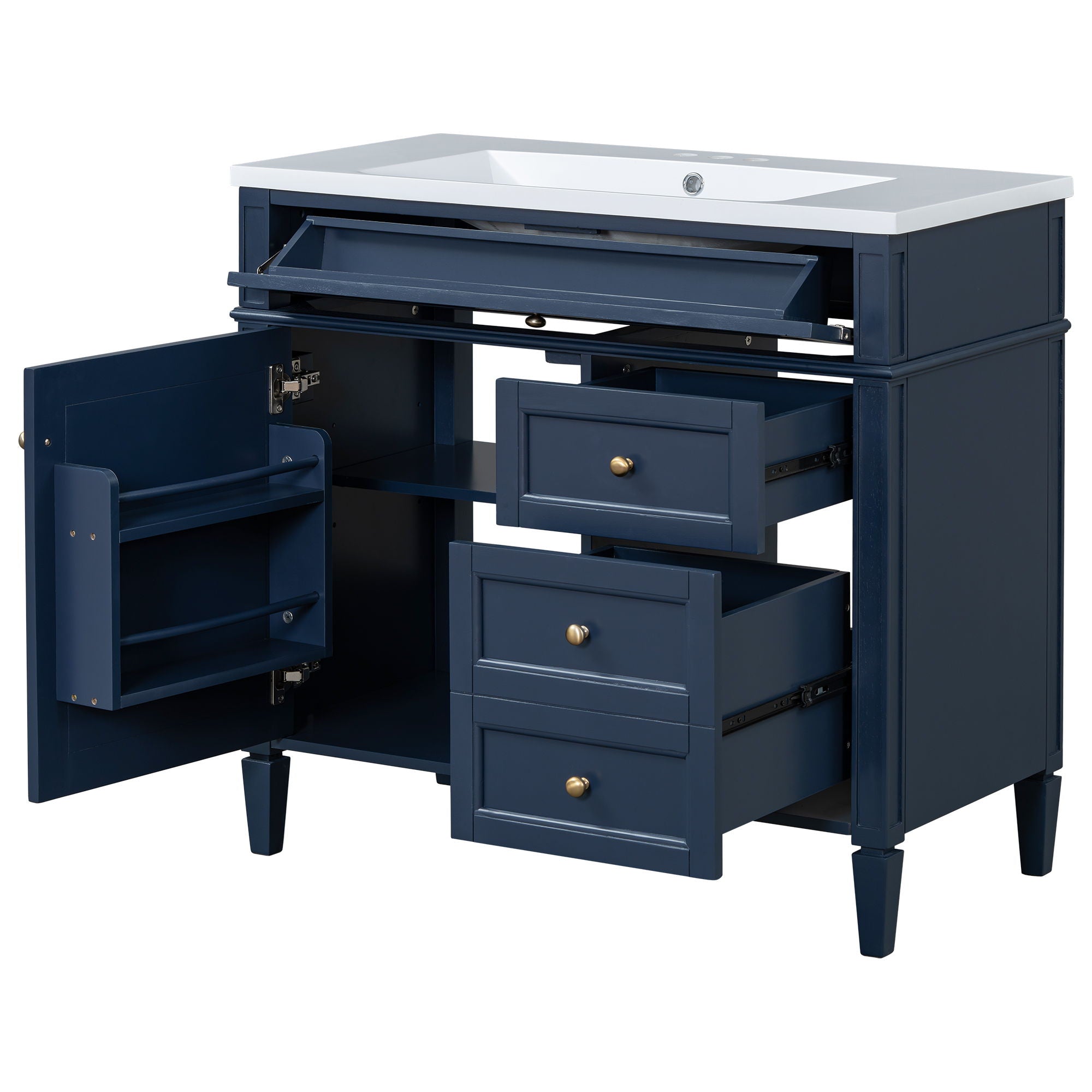 Bathroom Vanity With Top Sink, Storage Cabinet With Mirror, 2 Doors, 3 Drawers, 6 Open Shelves