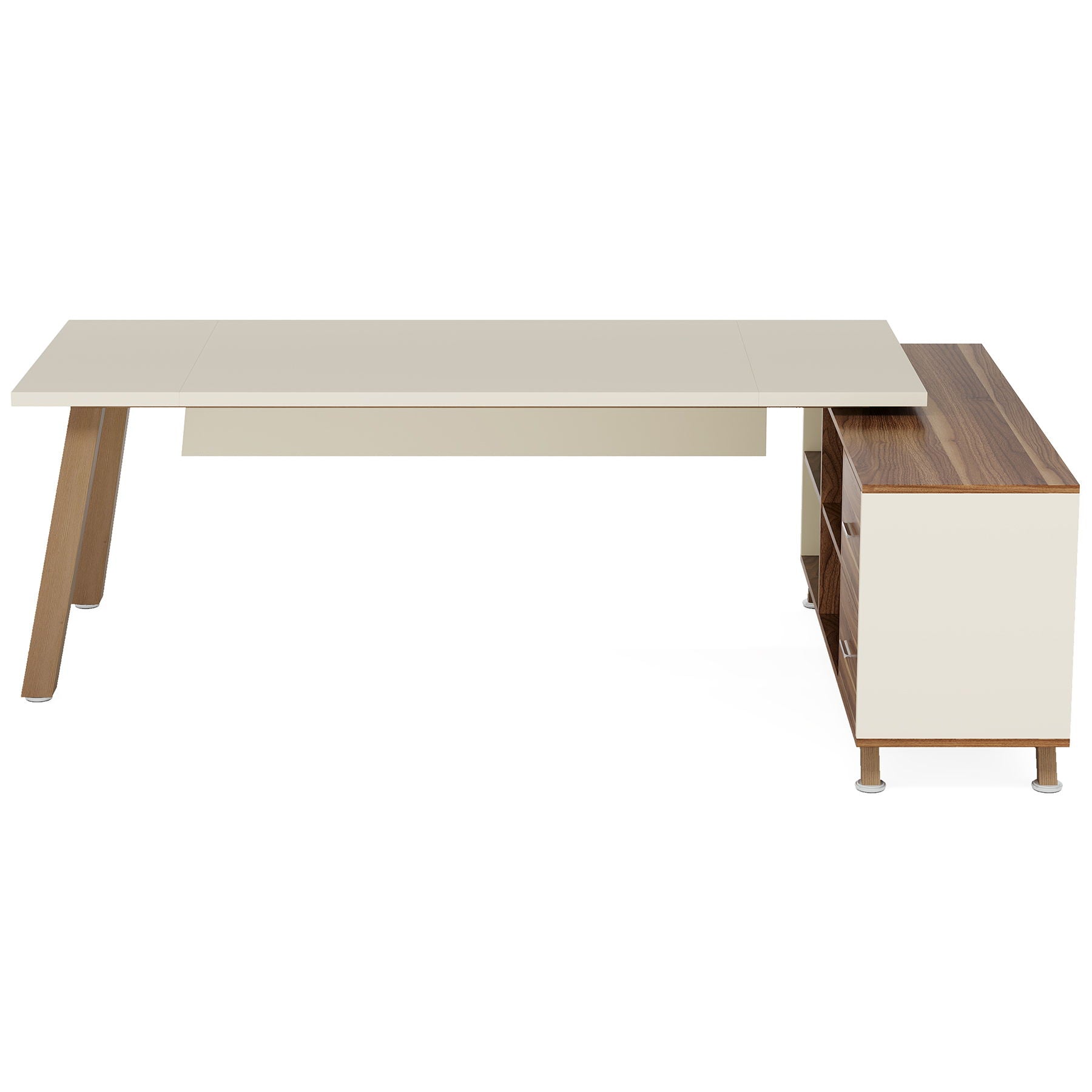 L-Shaped Executive Desk With File Cabinet, Computer Workstation With Drawers And Shelves For Home Office - White / Walnut