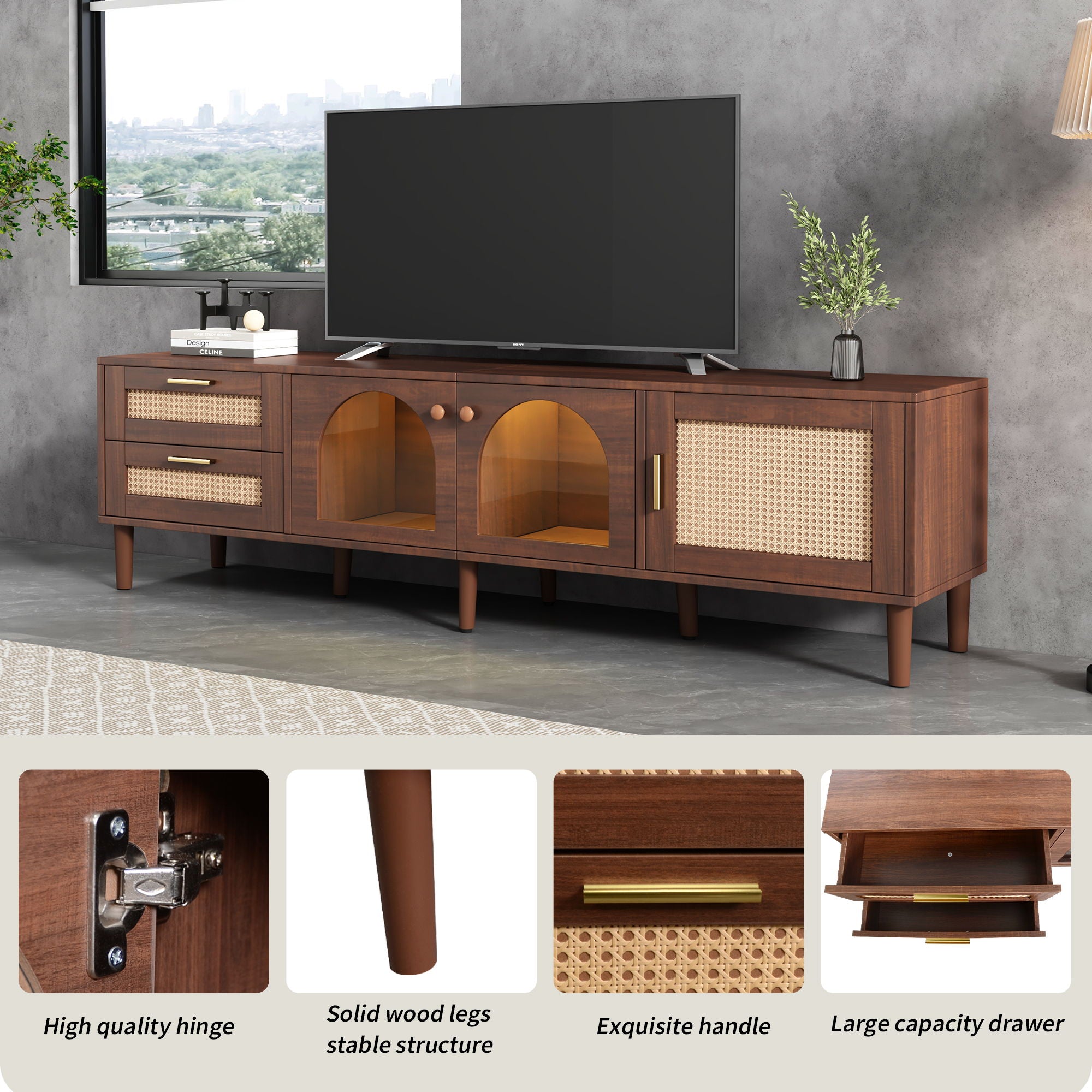 TV Stand With 3 Cabinets & 2 Drawers, LED Light Media Console For TVs Up To 80" - Dark Brown