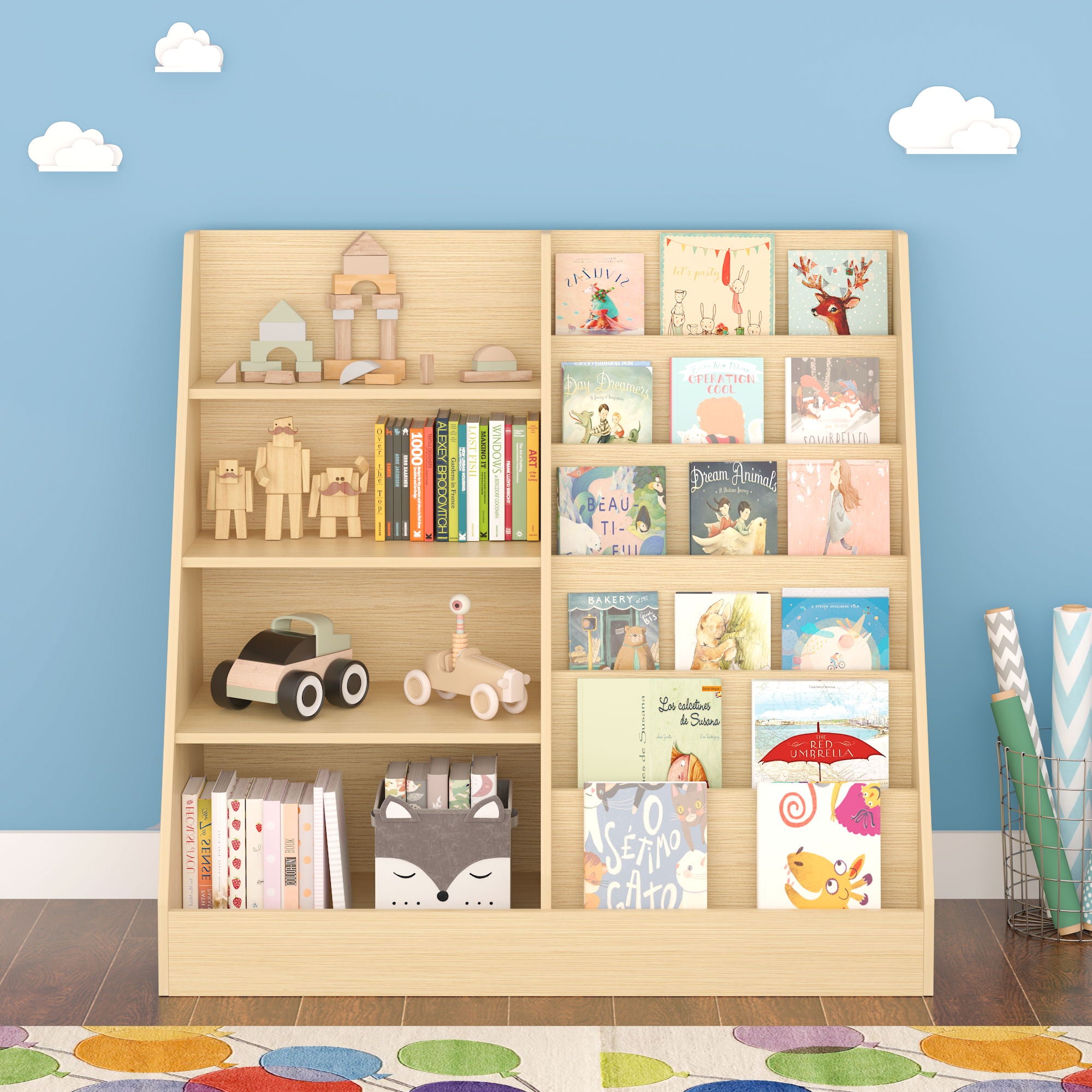 Bookshelf And Toy Storage Organizer, 4 Tier Bookcase With Display Stand For Playroom