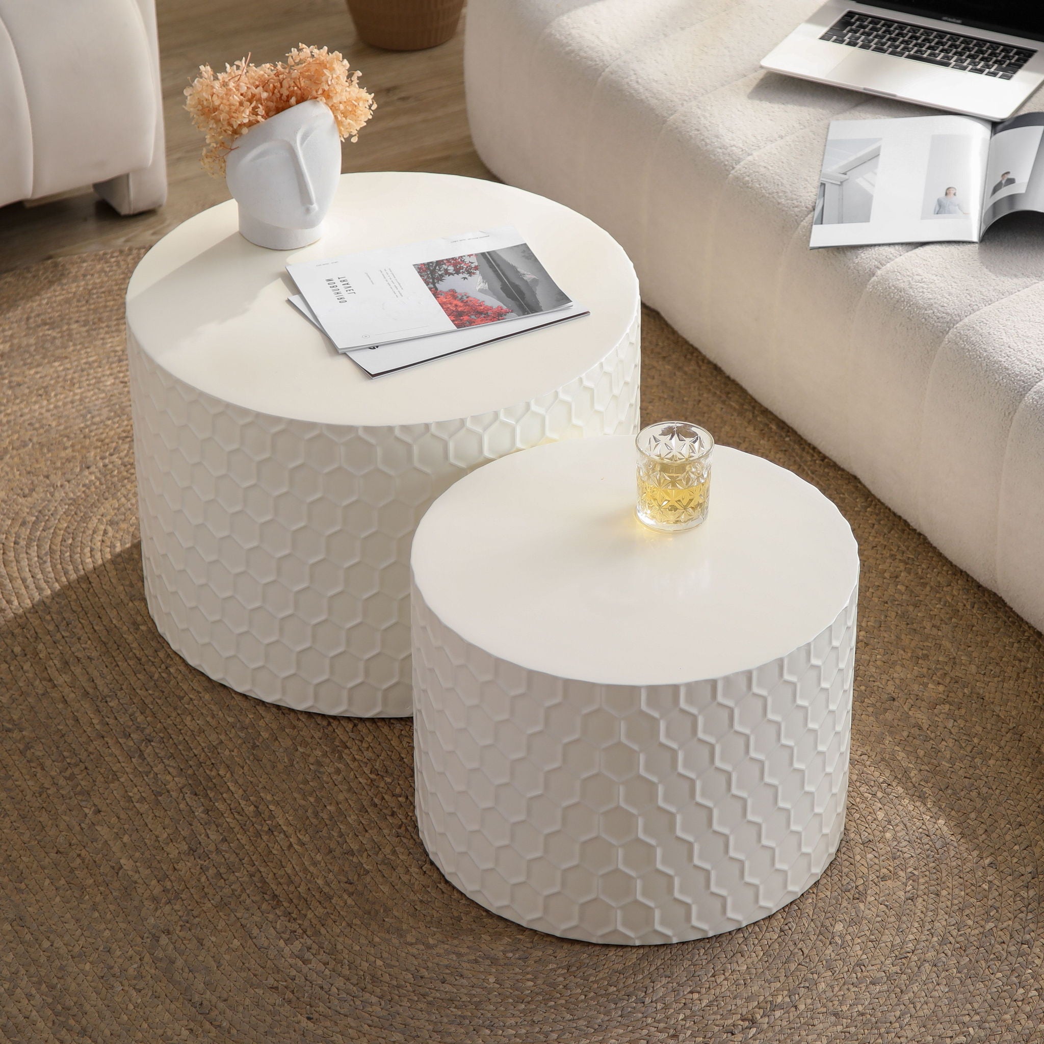 Minimalist Honeycomb Nesting Coffee Table Set, Round Drum Circle Table (Set of 2) - Beige