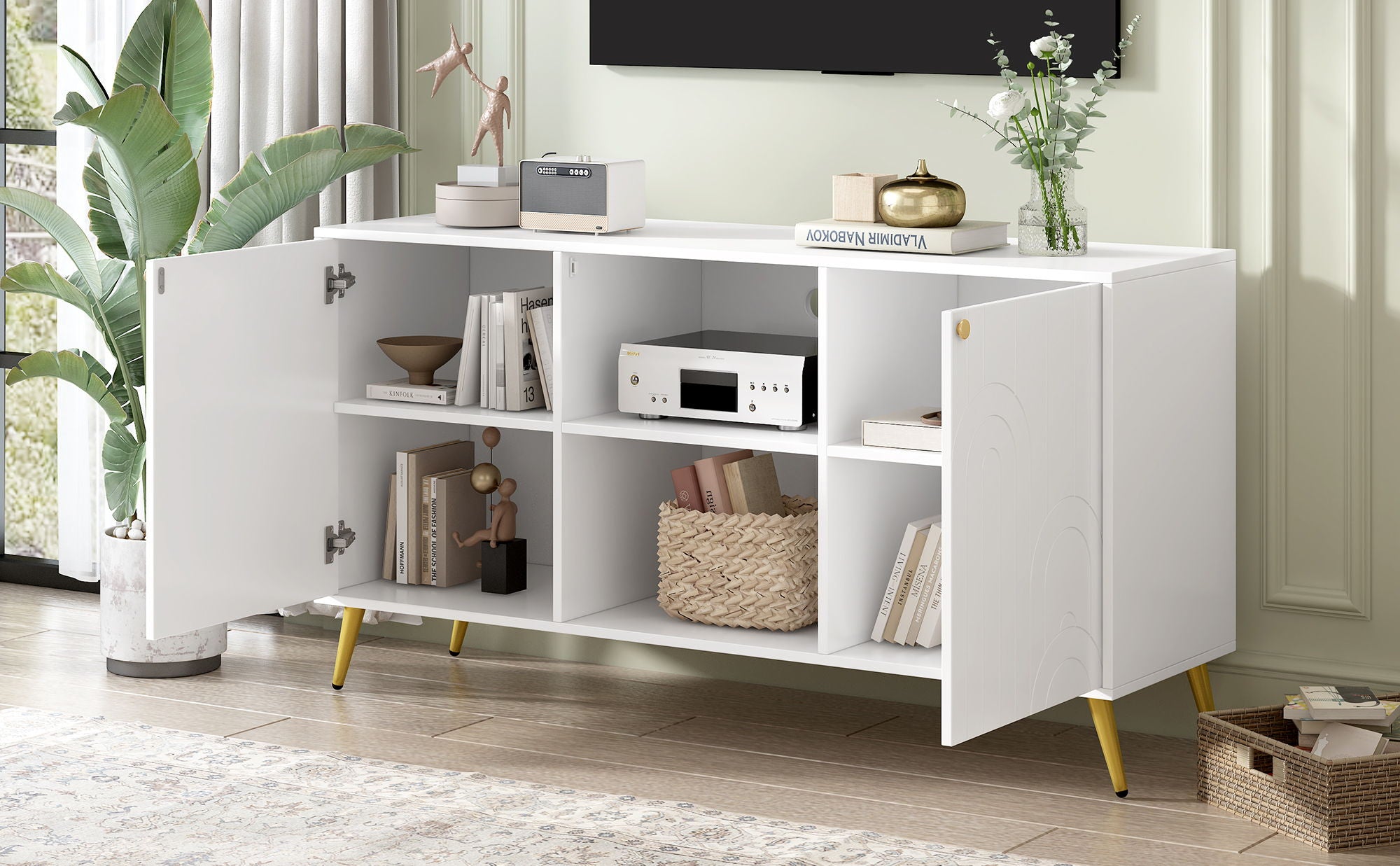 Modern TV Stand With Adjustable Shelf, Handles And Anti-Tip Device