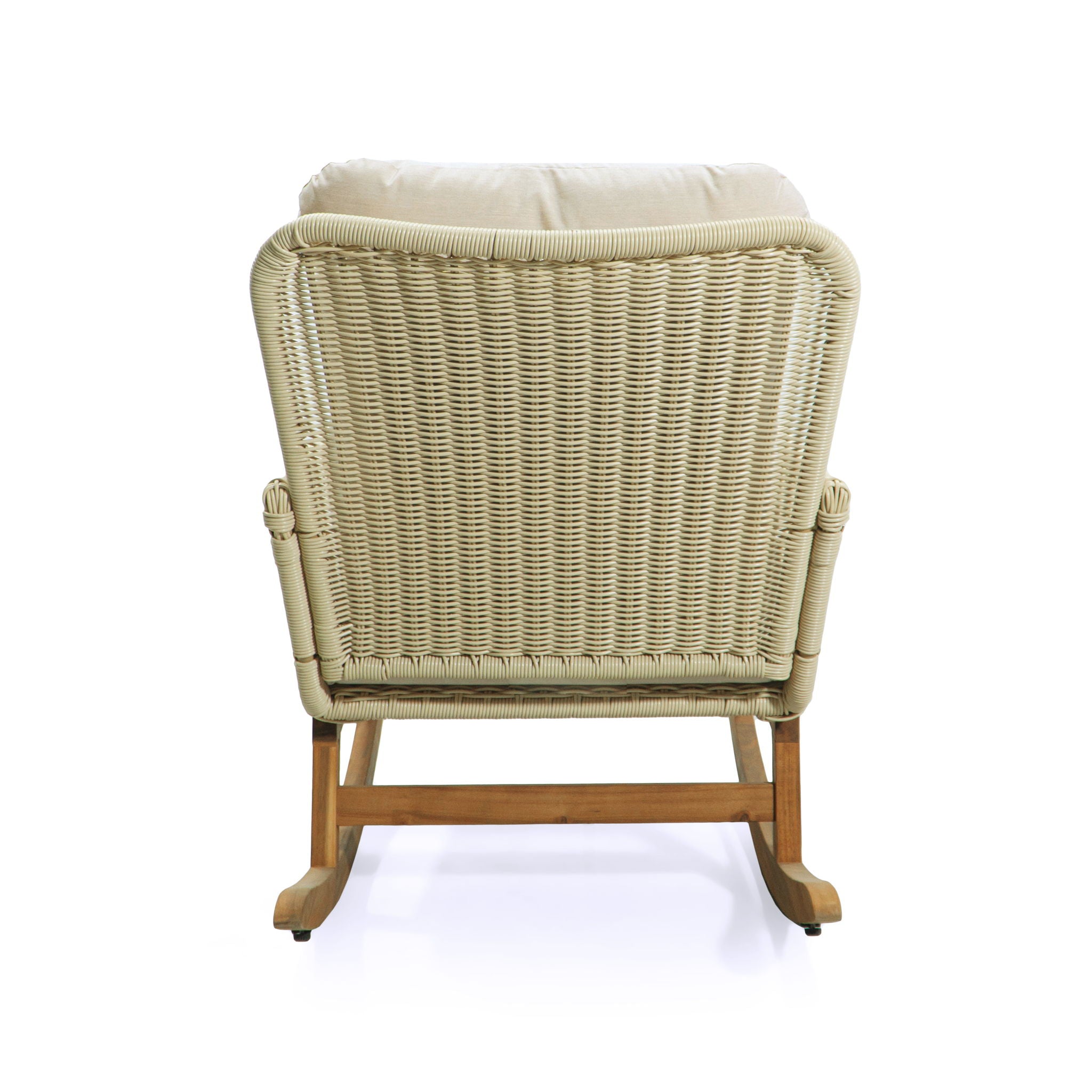 Cushioned Rattan Rocking Chairs With Wooden Accent Table Modern 3 Piece Outdoor Seating Set For Patio Relaxation - Ivory