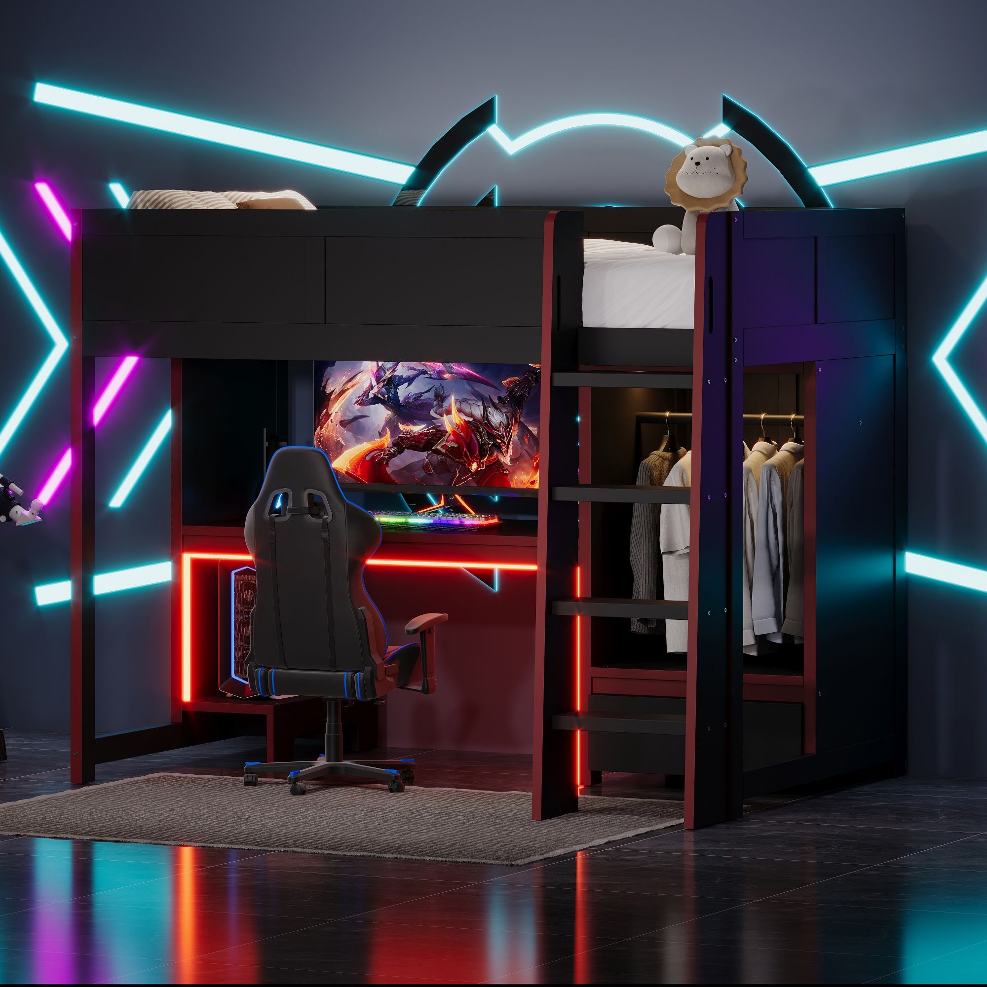 Gaming Loft Bed With Built In Desk, Wardrobe, LED Lighting And Drawer