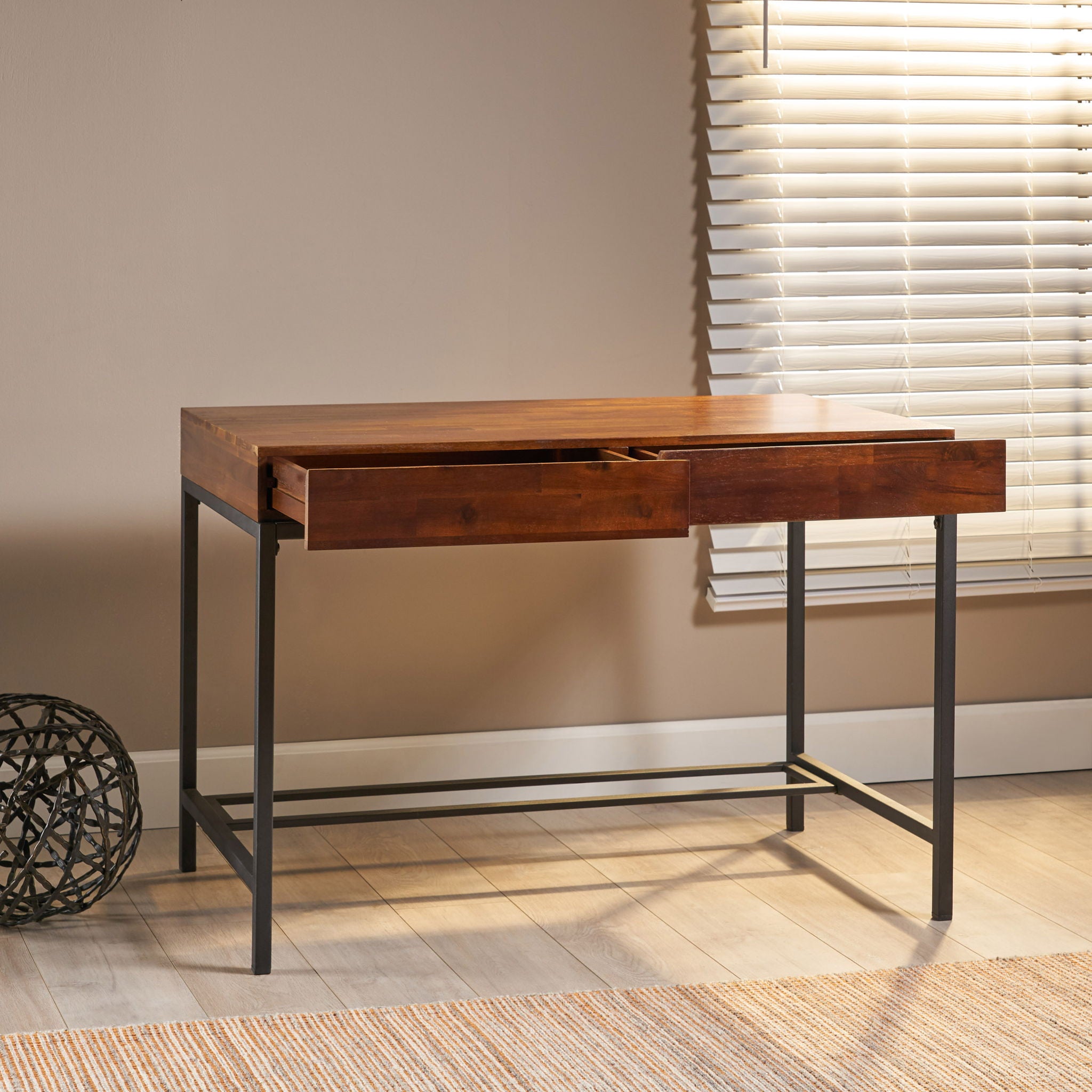 Industrial Style Storage Desk With Acacia Wood Top And Metal Legs - Oak - Best Buy Furniture