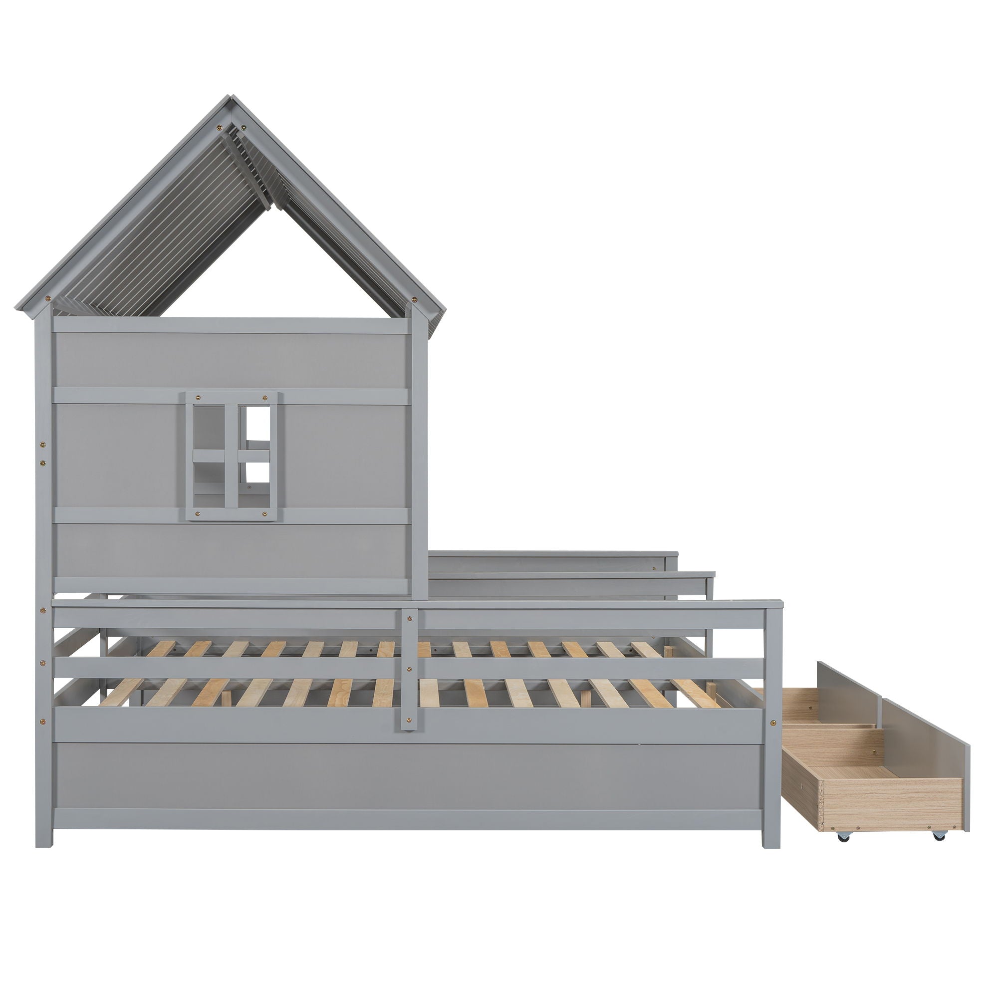 Twin Size House Platform Beds With 2 Drawers For Shared Use - Gray