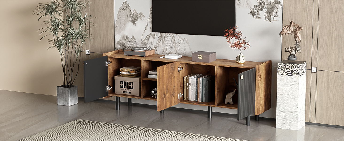 Mid Century TV Stand & 3 Cabinets, Media Console Table For Tvs Up To 70'', Entertainment Center With Storage For Living Room - Black / Brown