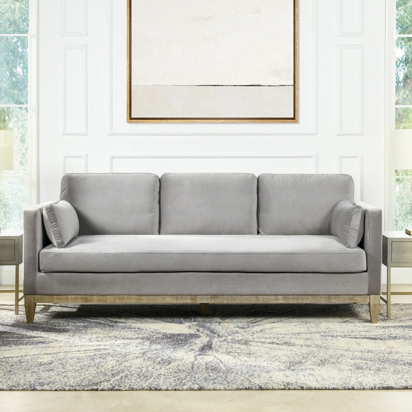 Knox 84" modern farmhouse sofa, opal grey velvet