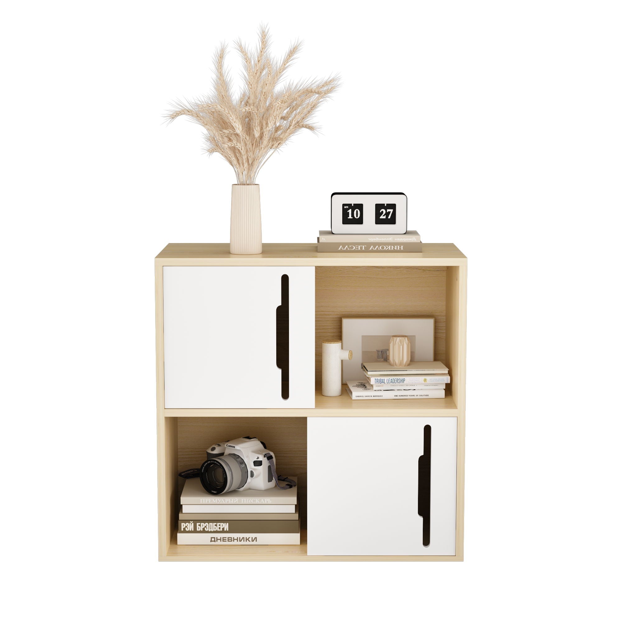 Storage Cabinet With Sliding Doors, 2 Tier Open And Closed Shelves Organizer - Natural / White
