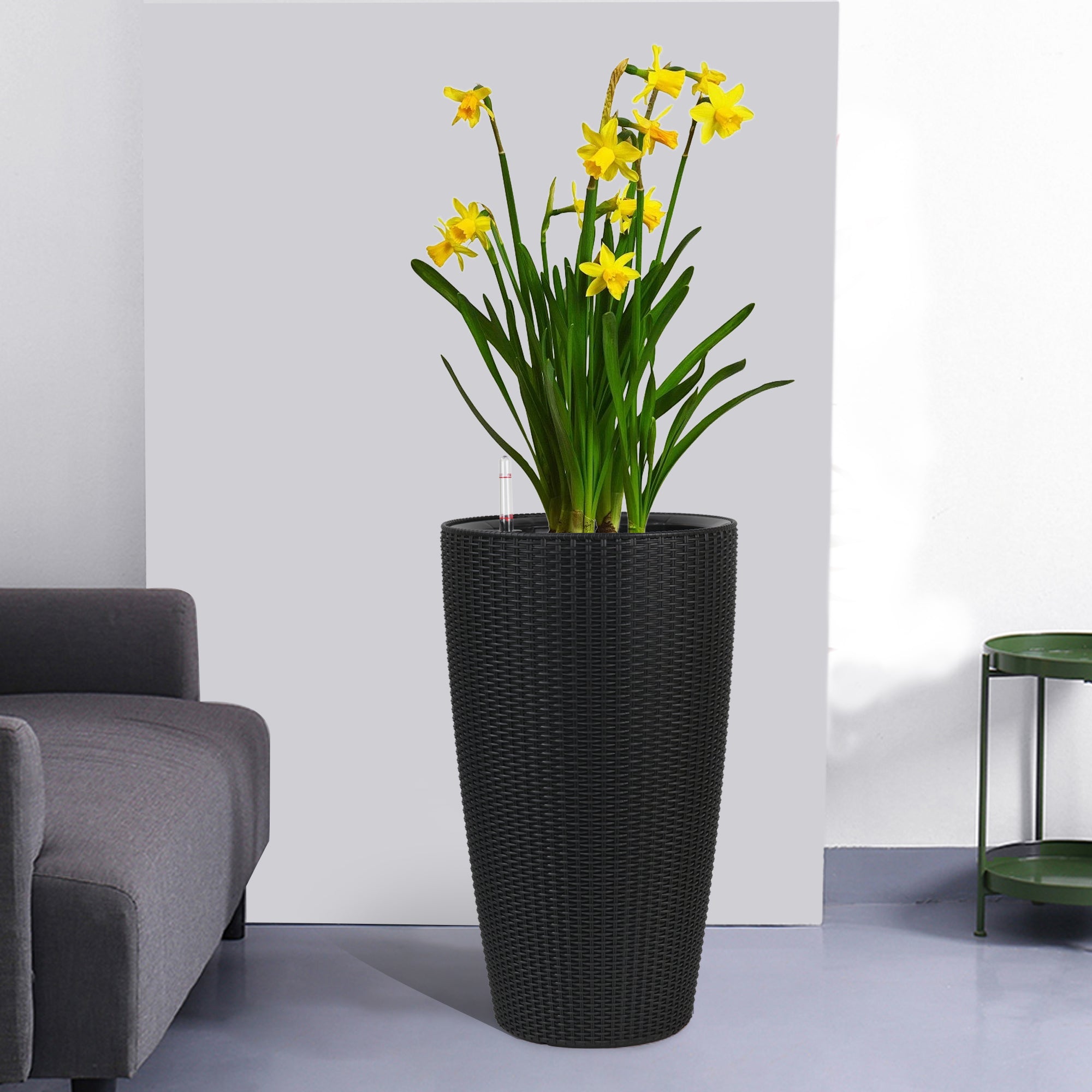 Set of 2 Faux Rattan Tall Planters with Automatic Watering System