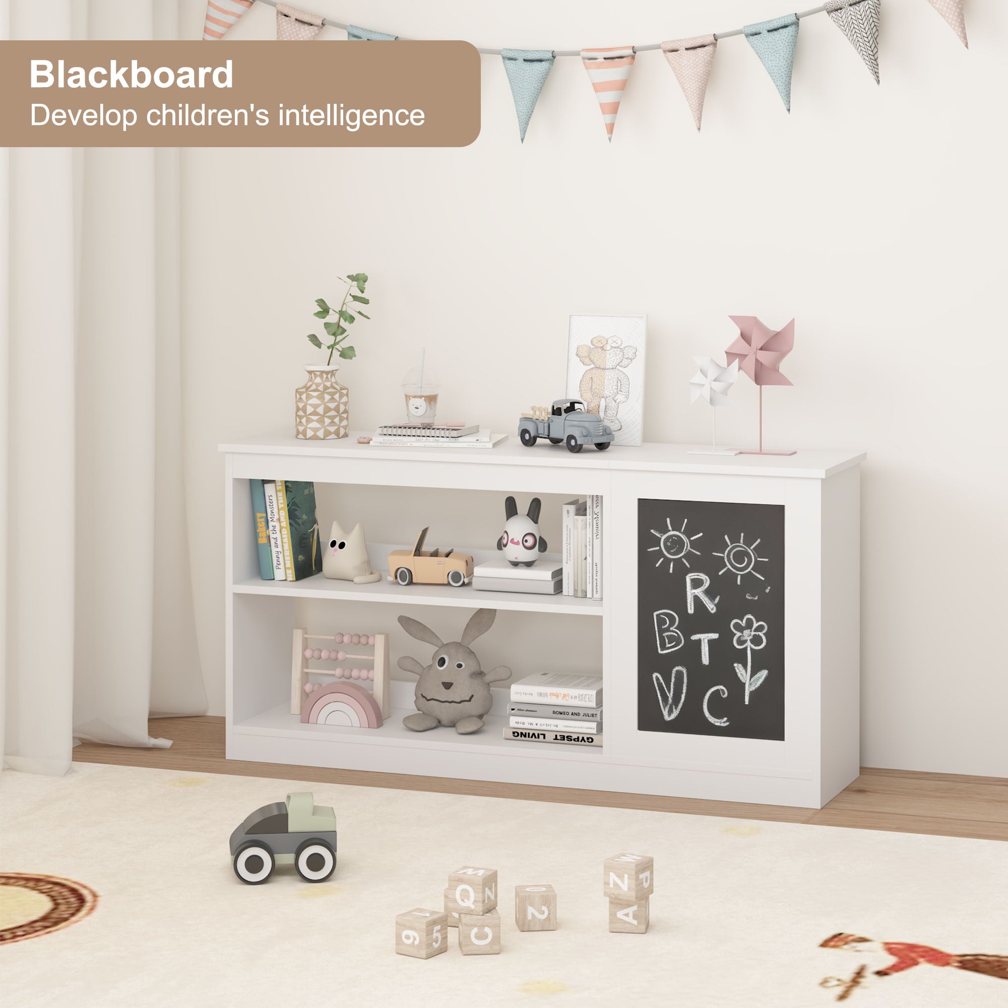 3 In 1 Bookshelf And Toy Storage Cabinet With Chalkboard, Organizer For Playroom Featuring And Spacious Storage - White