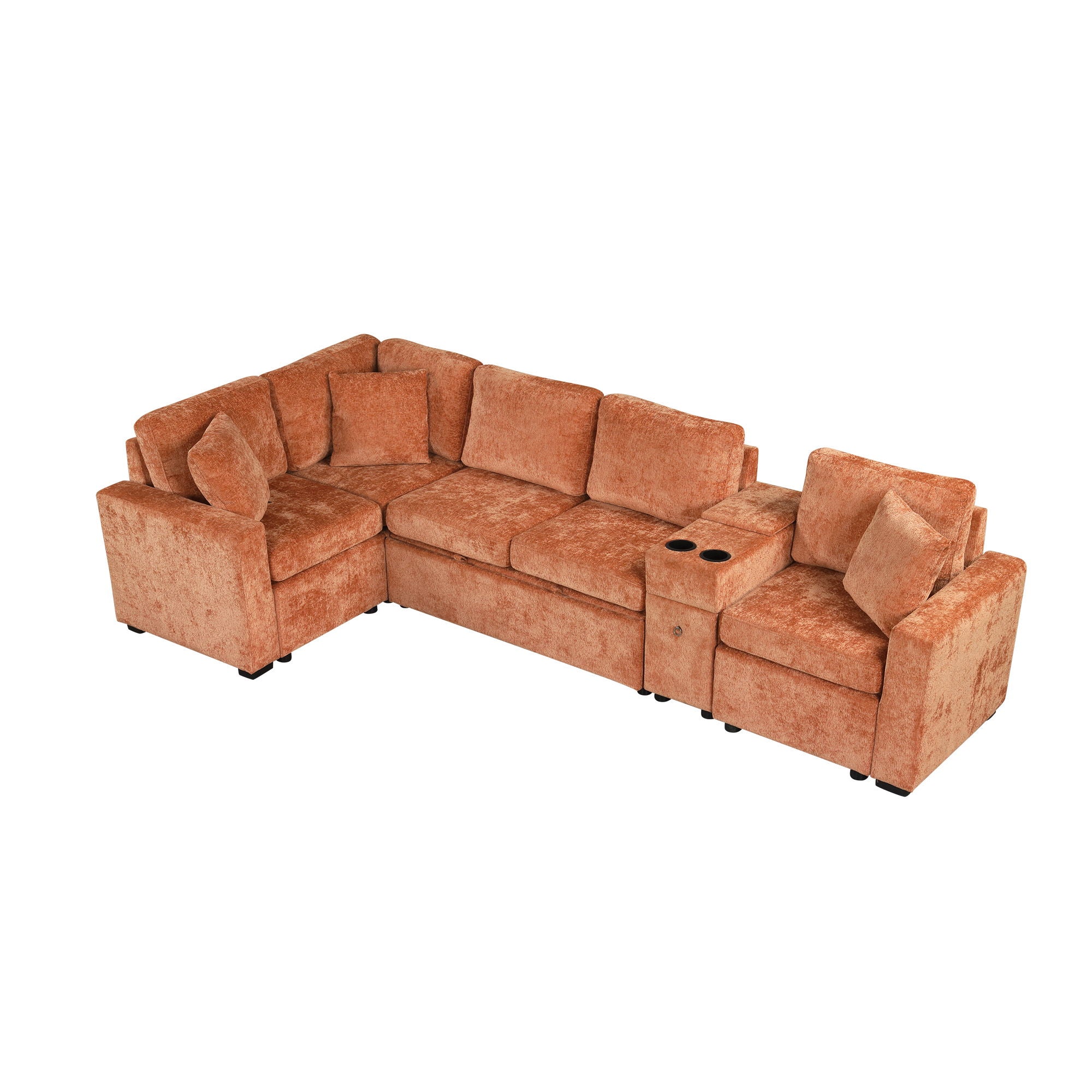 Modular L-Shaped Sectional Sofa Bed With Pull-Out Sleeper, Cup Holders, And Storage