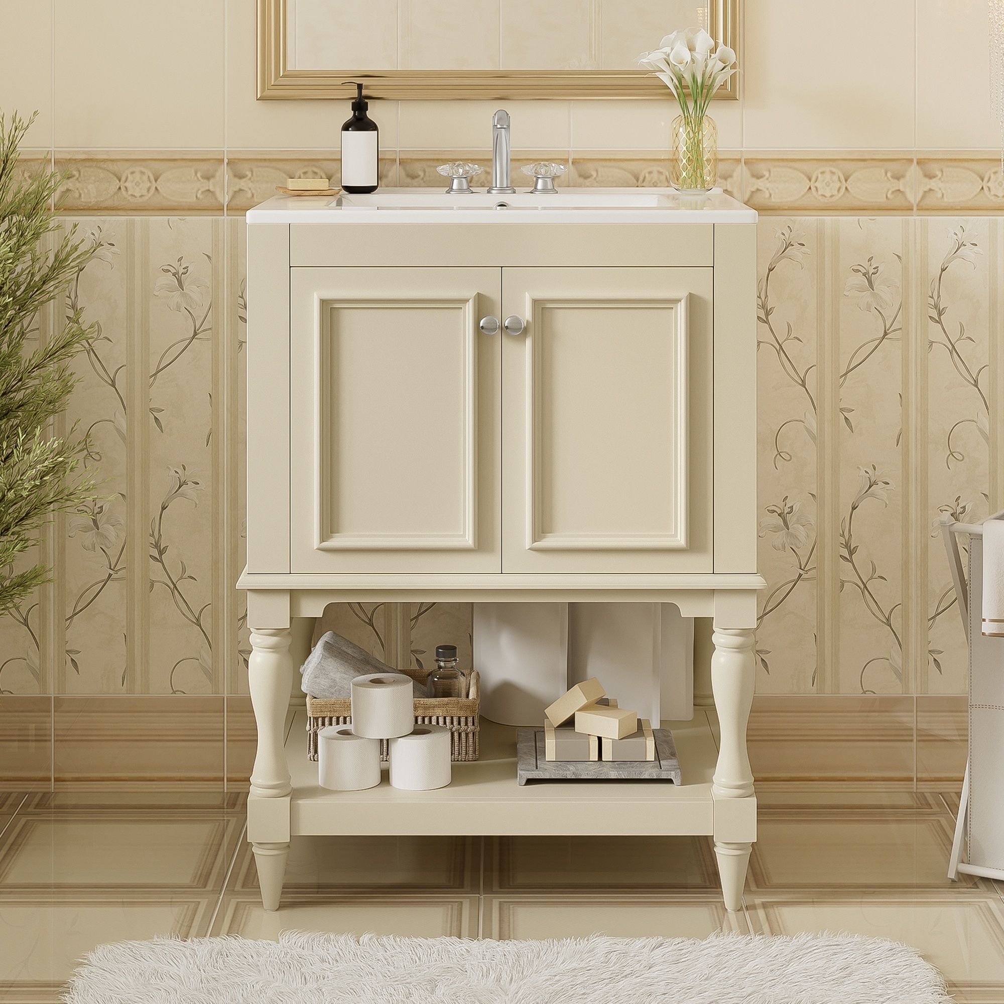 Modern Bathroom Vanity With Sink, Rectangular Cabinet With Open Shelf And Closed Storage