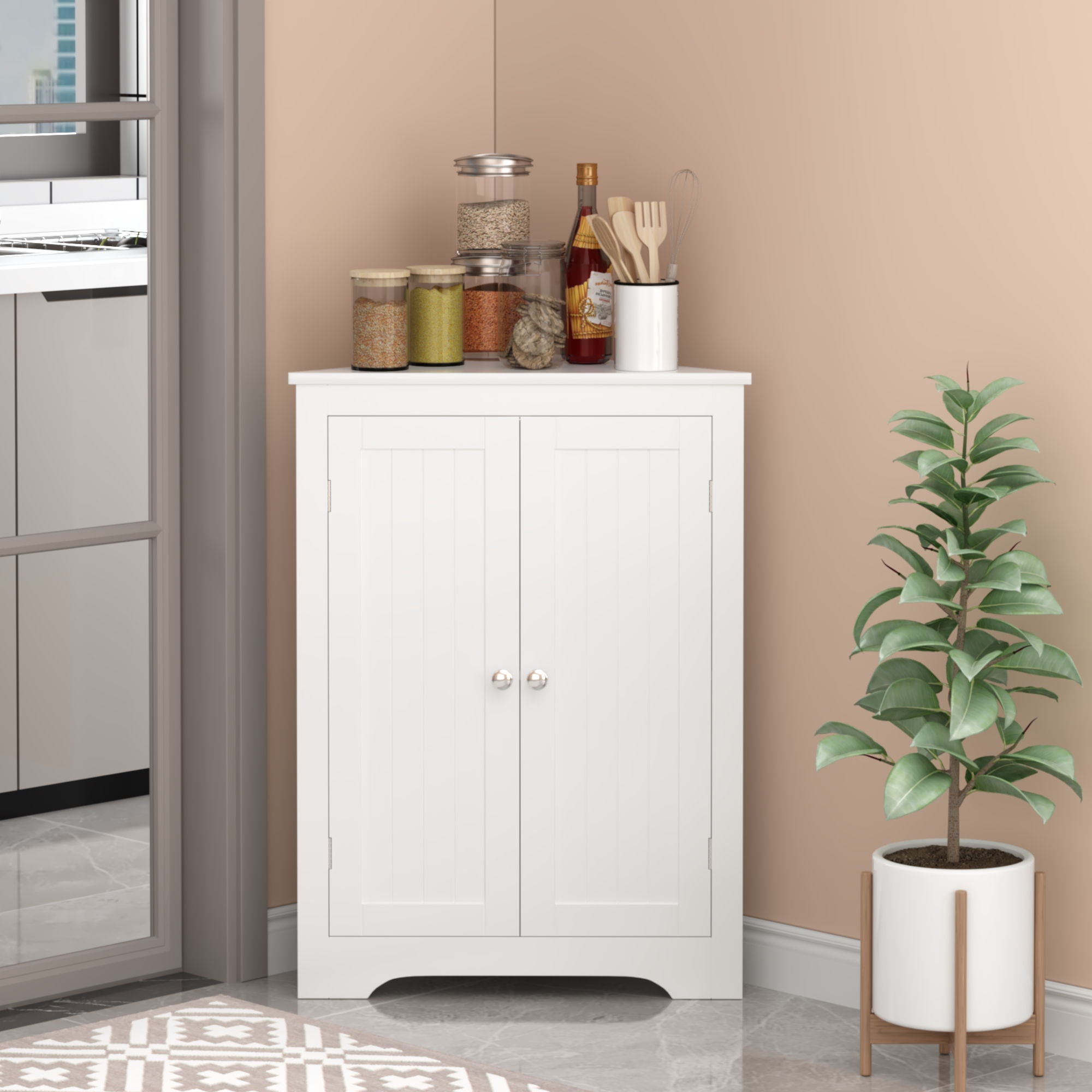 Corner Cabinet With 2 Doors And Adjustable Shelves, Freestanding Narrow Storage Organizer For Bathroom - White