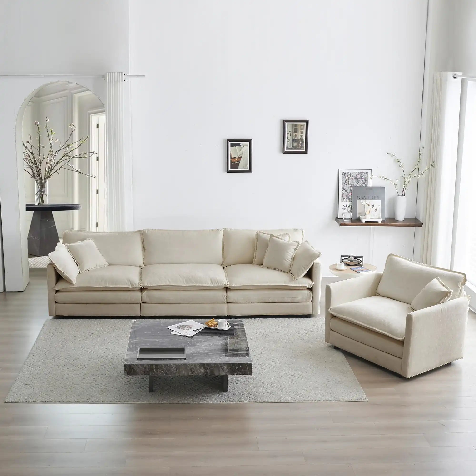 2-Piece Modern Upholstered Sectional Sofa Set, Beige Chenille