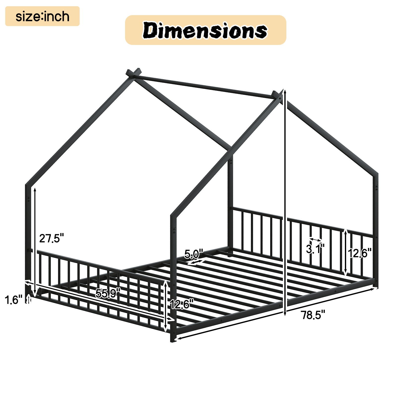 Full Size Rooftop Bed Frame LED Lights For Kids - Black