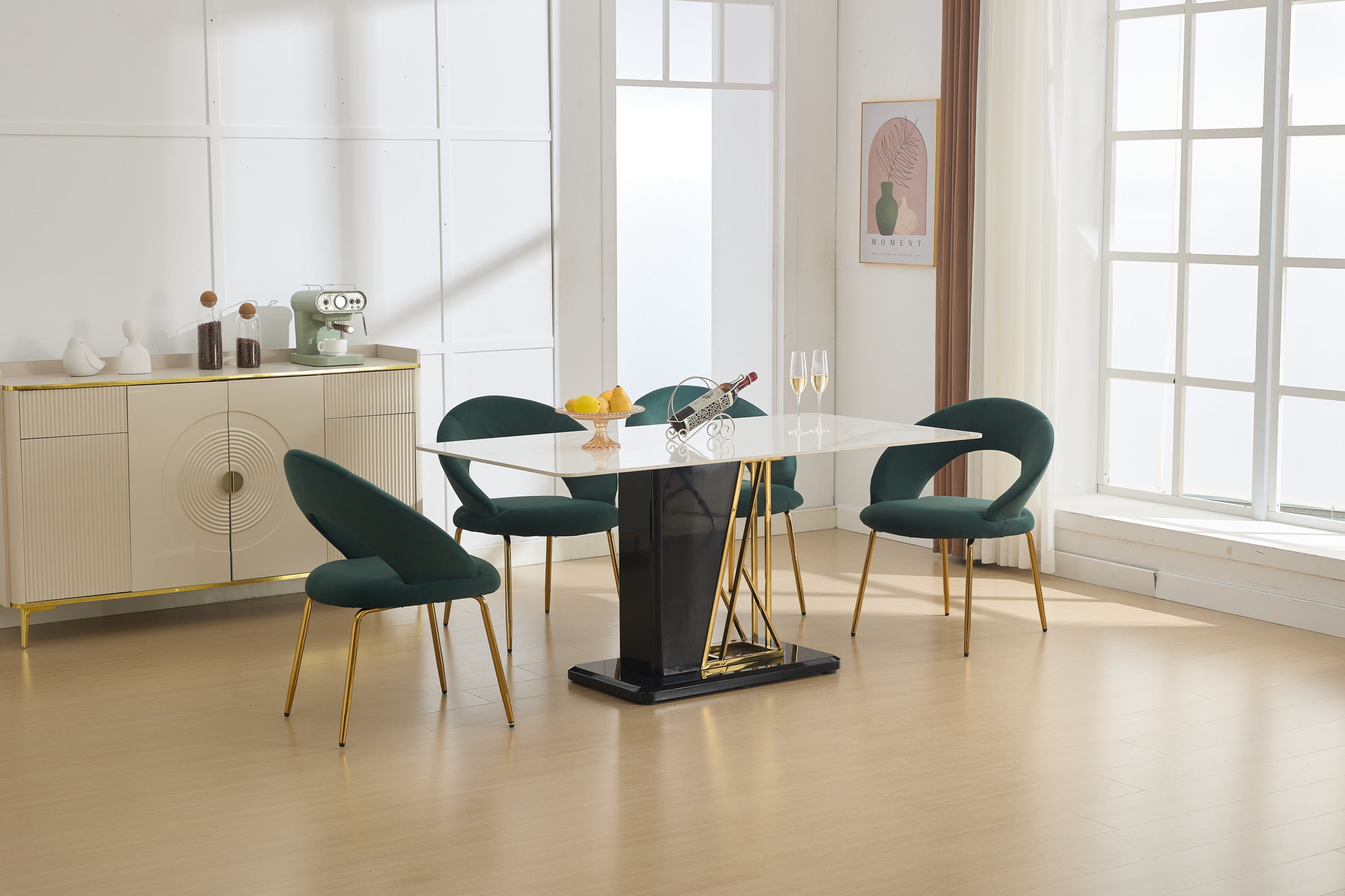 Velvet Fabric Dining Chair with Curved Backrest and Golden Metal Legs