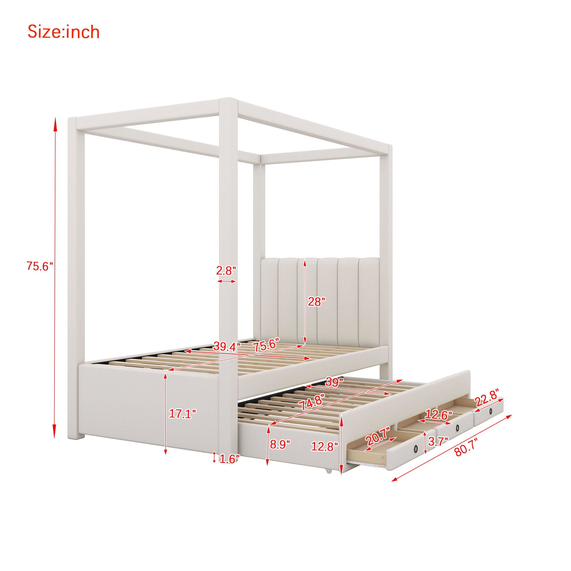 Upholstery Canopy Platform Bed With Trundle And Three Storage Drawers