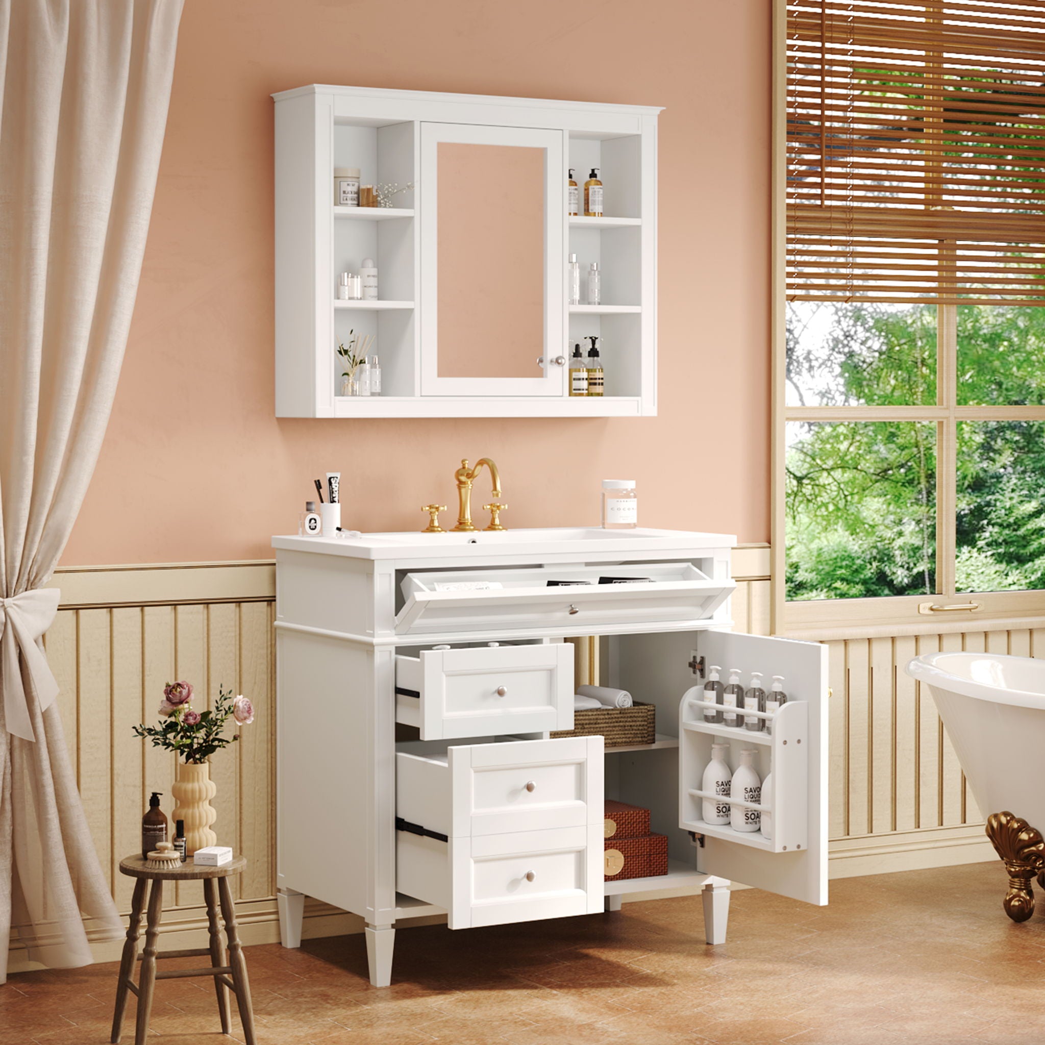 Bathroom Vanity With Mirror Cabinet, Storage Cabinet With 2 Soft Closing Doors And 4 Drawers, Undermount Sink