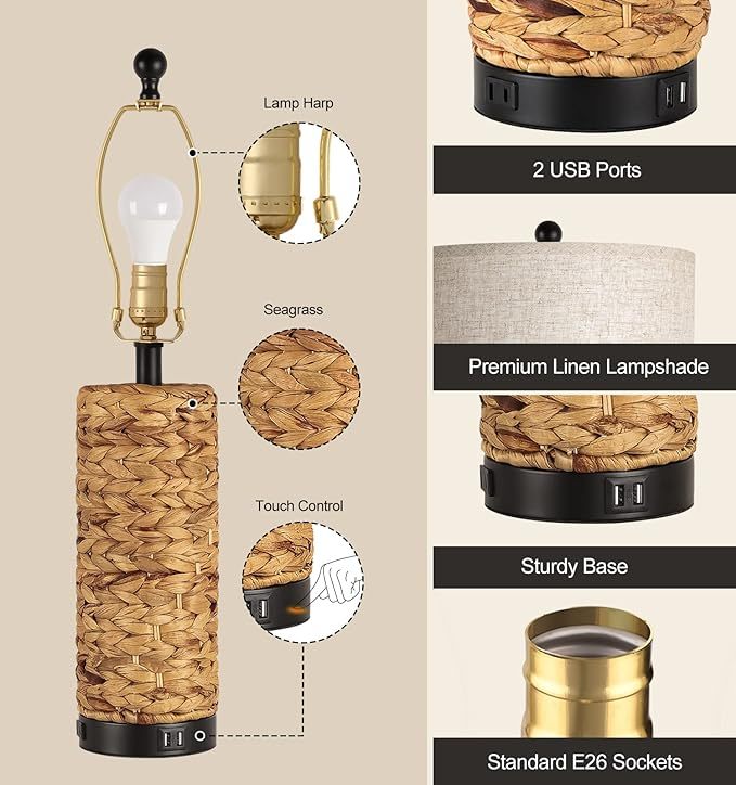 Tall Farmhouse Rustic Table Lamps Set of 2