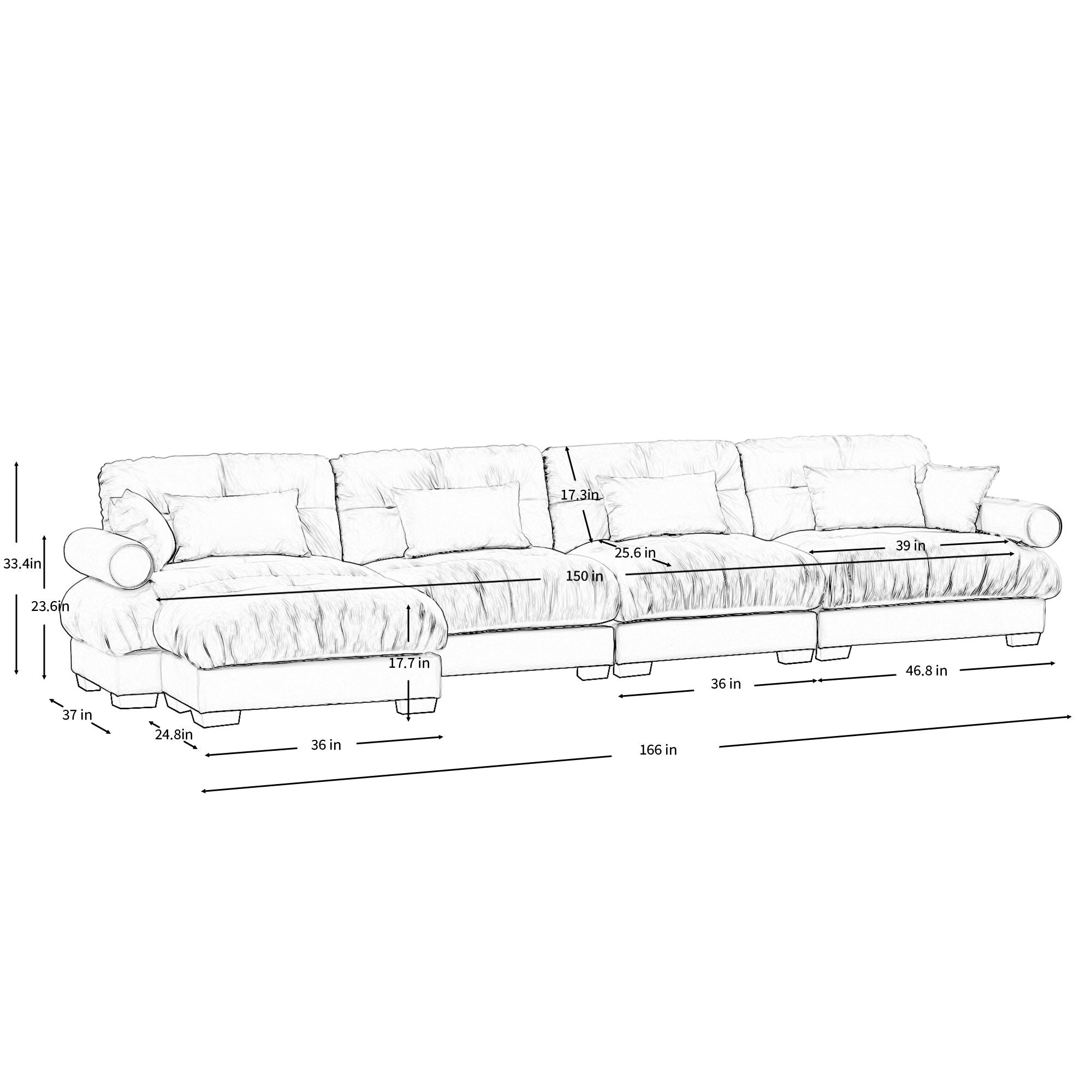 Modern Sectional Sofa With Ottoman, Round Bolster Armrests, Waist And Throw Pillows