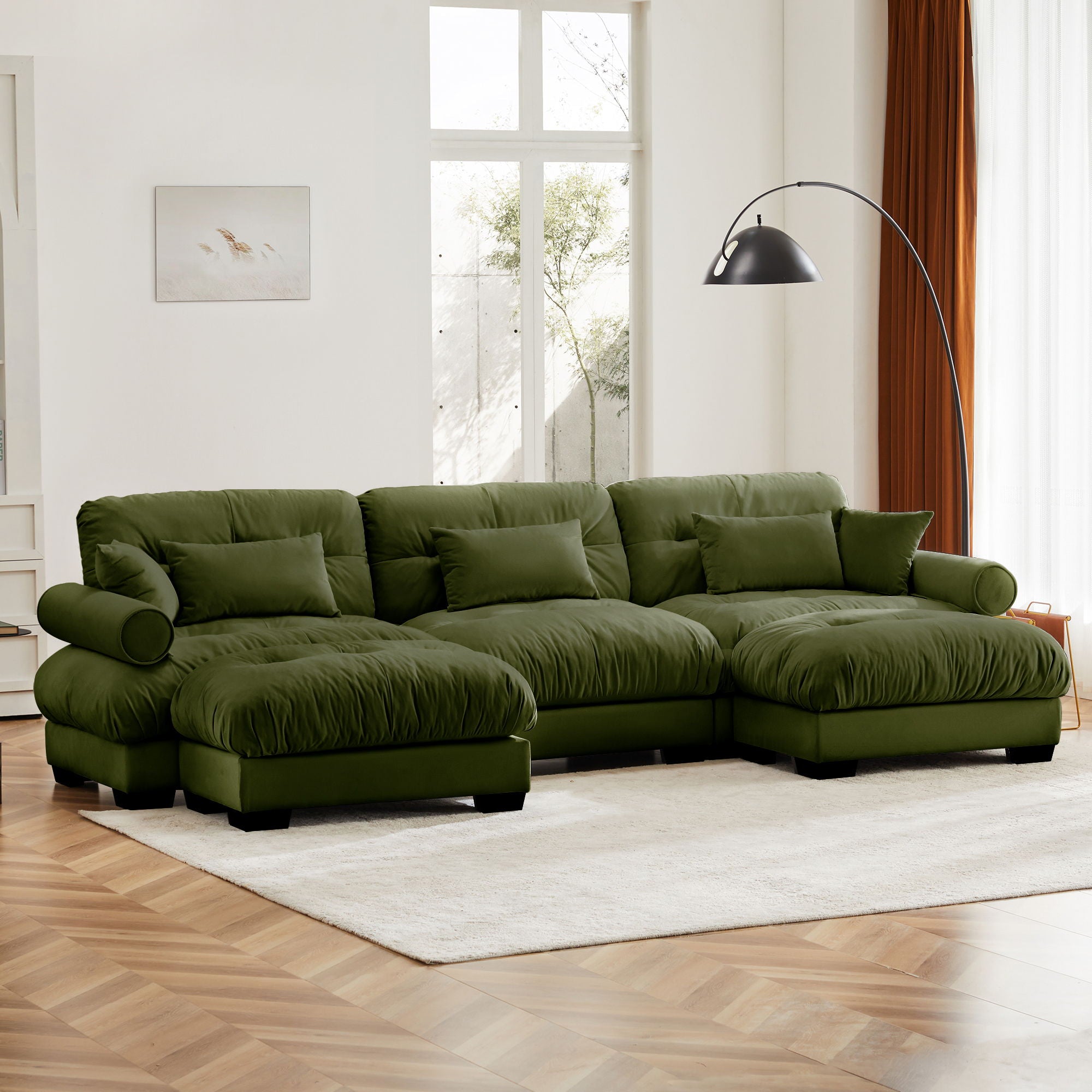 Modern Sectional Sofa With Ottoman, Round Bolster Armrests, Waist And Throw Pillows