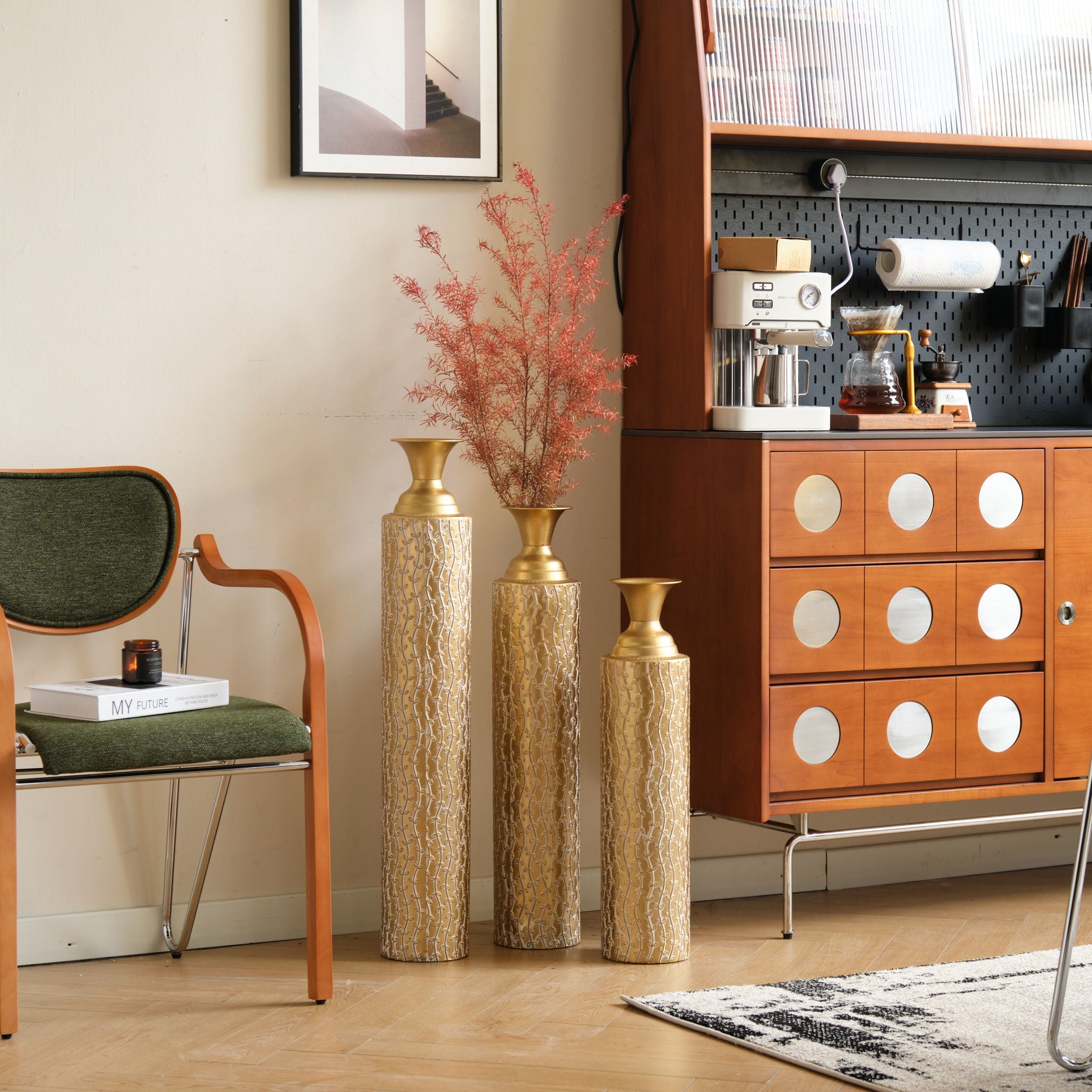 Metal Decorative Vases High Distress Metal Center Vases With Growing Vine Patterns, (Set of 3) Vases For Home Decoration - Gold - Best Buy Furniture