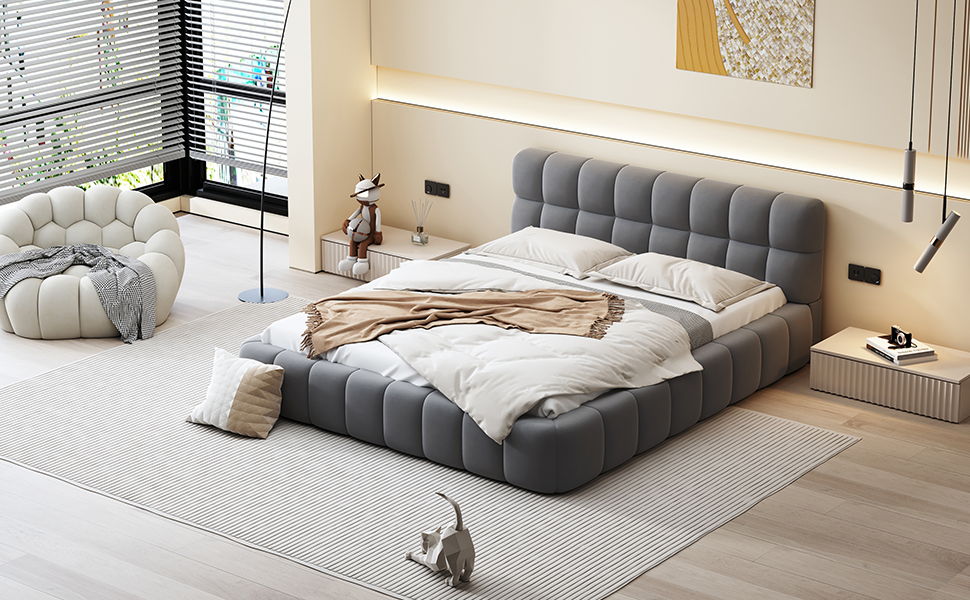 Upholstered Platform Bed With Thick, Grounded Bed With Solid Frame