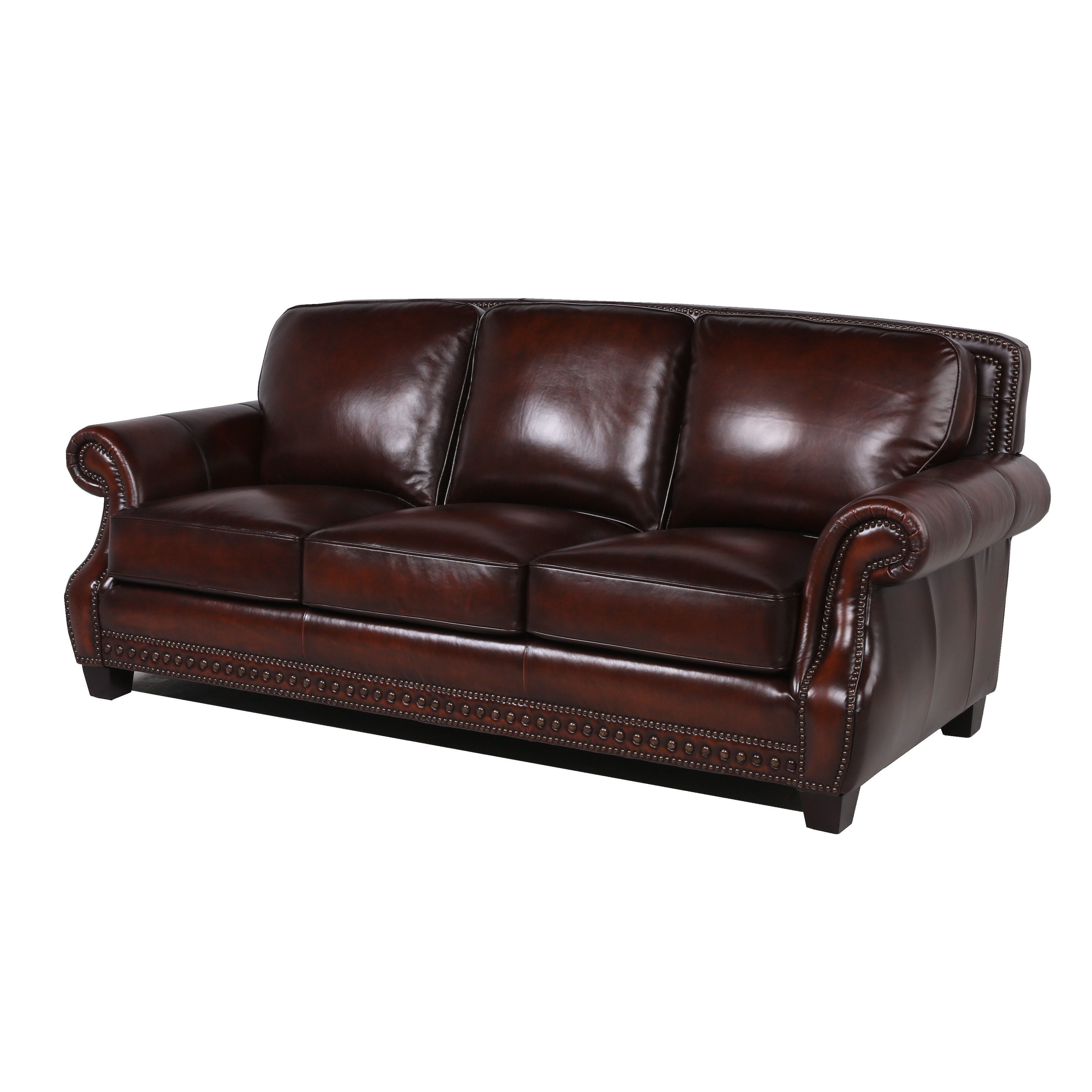 Traditional Roll Arm Nailhead Leather Sofa - Brown - Best Buy Furniture
