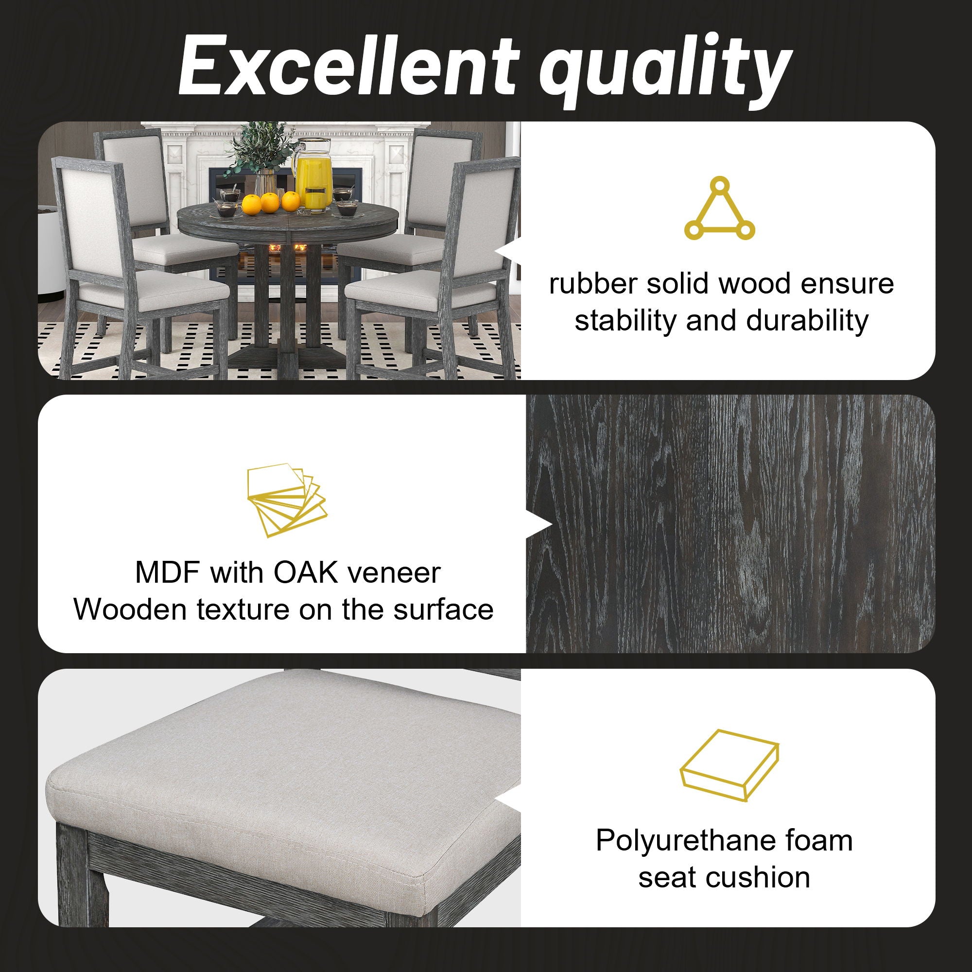 5 Piece Dining Set With Extendable Round Table And Upholstered Chairs