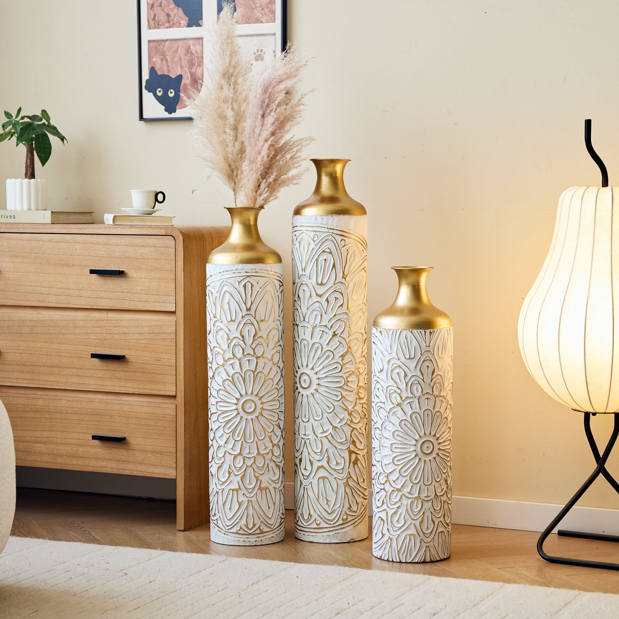 3 Piece Home Decoration Large Glazed Floor Vase Decoration Home Droplet Shaped - Gold / White - Best Buy Furniture