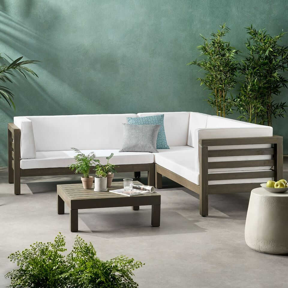 OANA Outdoor Wooden Sectional Set with Cushions, White