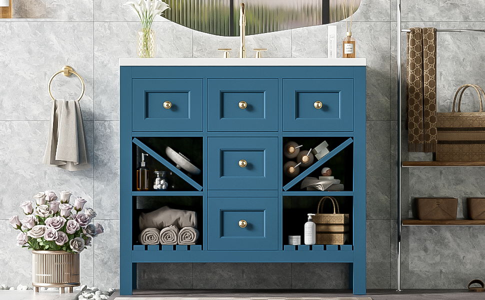 Bathroom Vanity With Resin Sink Combo, Freestanding Vanity Set With 5 Drawers