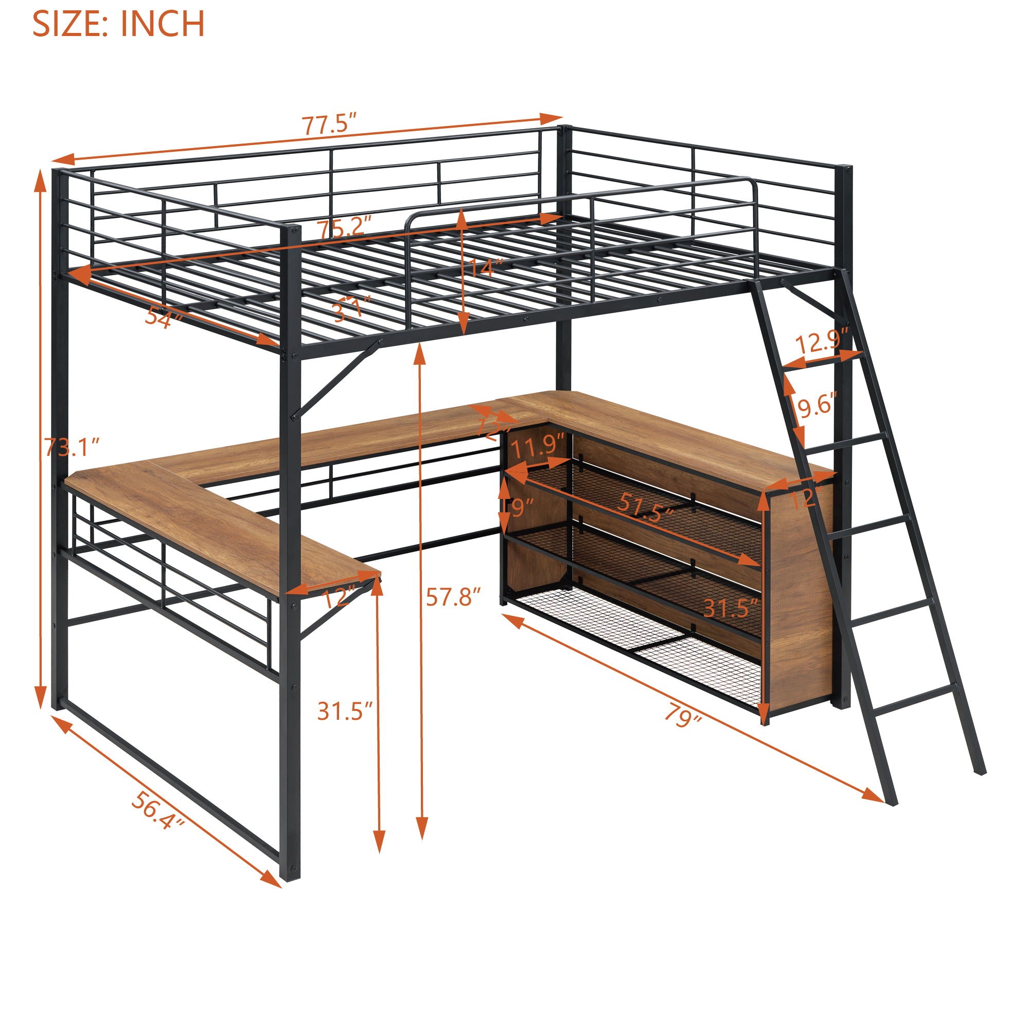 Loft Bed & 3 Layers Of Shelves And L-Shaped Desk