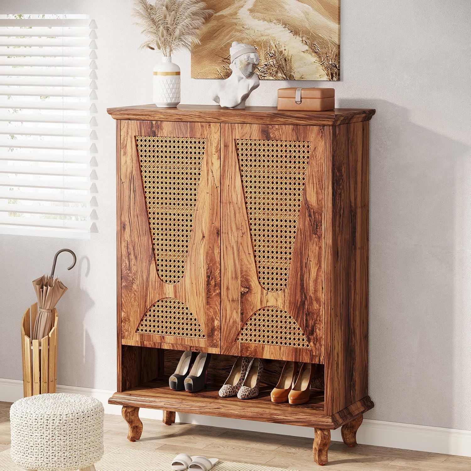 Shoe Cabinet With 5 Tier Freestanding Organizer, Ventilated Doors - Natural Wood