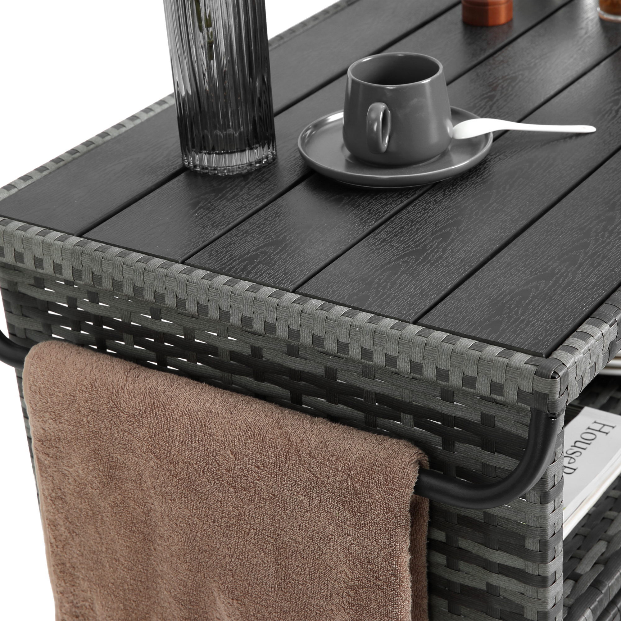 Outdoor Wicker Bar Cart with Glass Top and Wheels - Light Brown