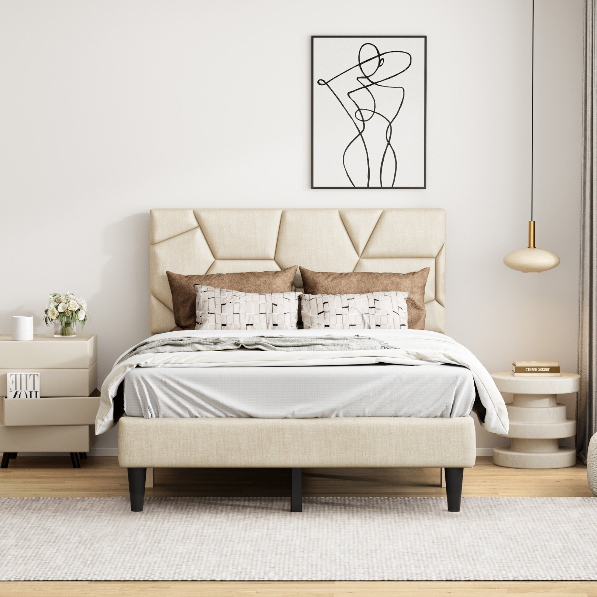 Beige Linen Full Bed Frame – Sturdy Platform Bed With Storage