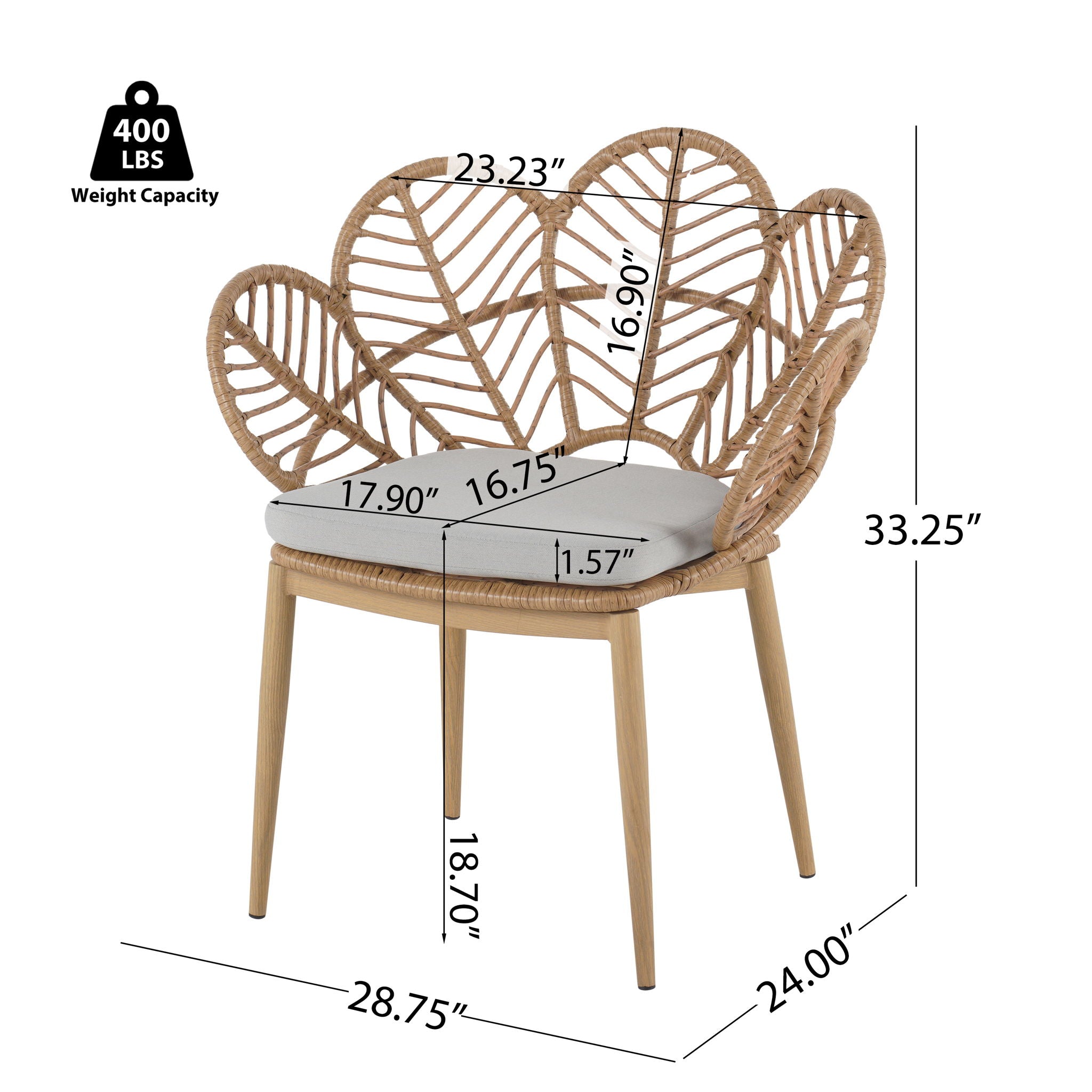 Kirk - Outdoor Wicker Peacock Shape Papasan Style Chair, Teak Finished Leg (Set of 2) - Beige / Light Brown / Light Teak