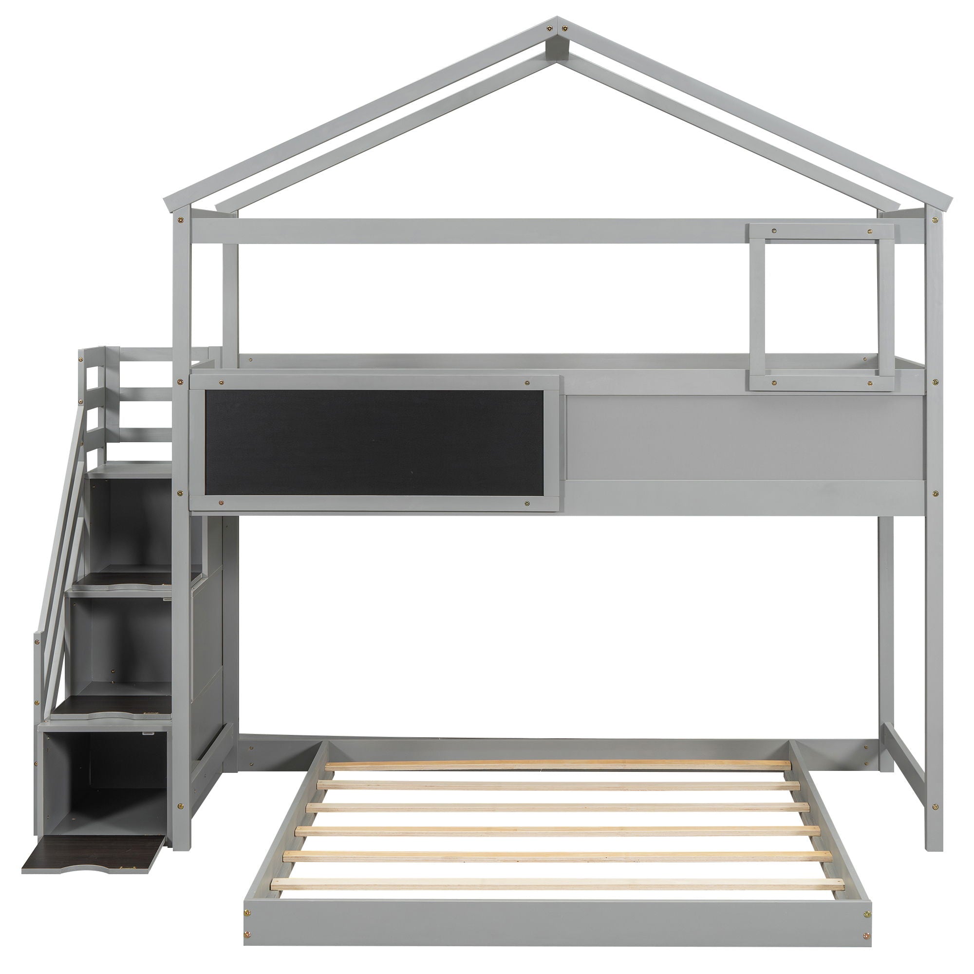House Style Bunk Bed With Storage Staircase And Blackboard