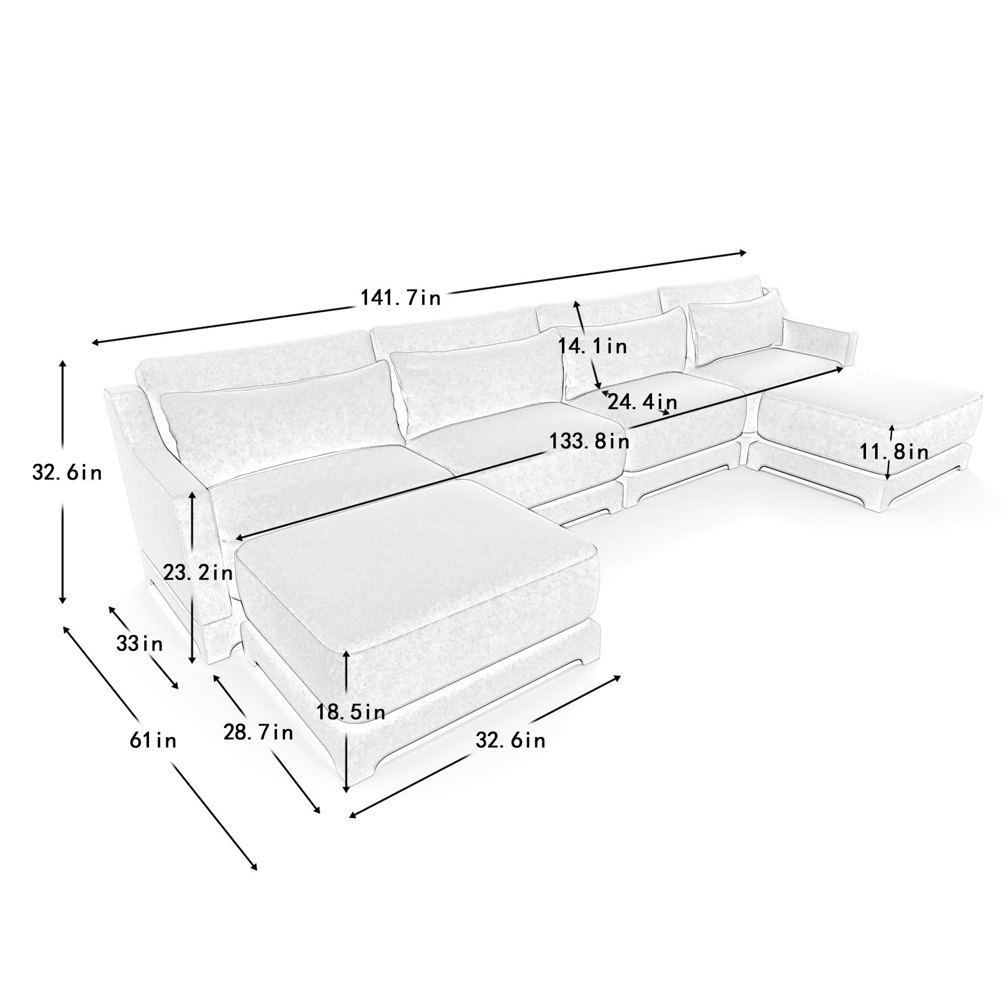 Elegant Four-Seater Sofa with Movable Ottoman and Lumbar Pillow