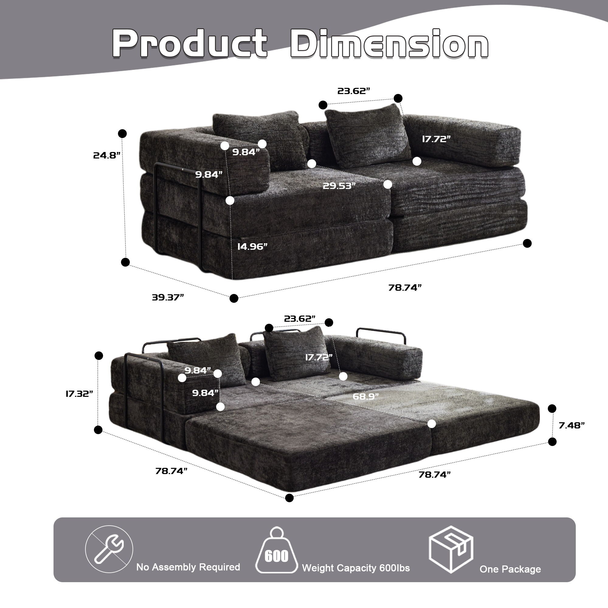 Convertible Floor Sofa Bed With Fixed Shape Frame, Loveseats Boneless Modular Sectional, For Living Room - Black