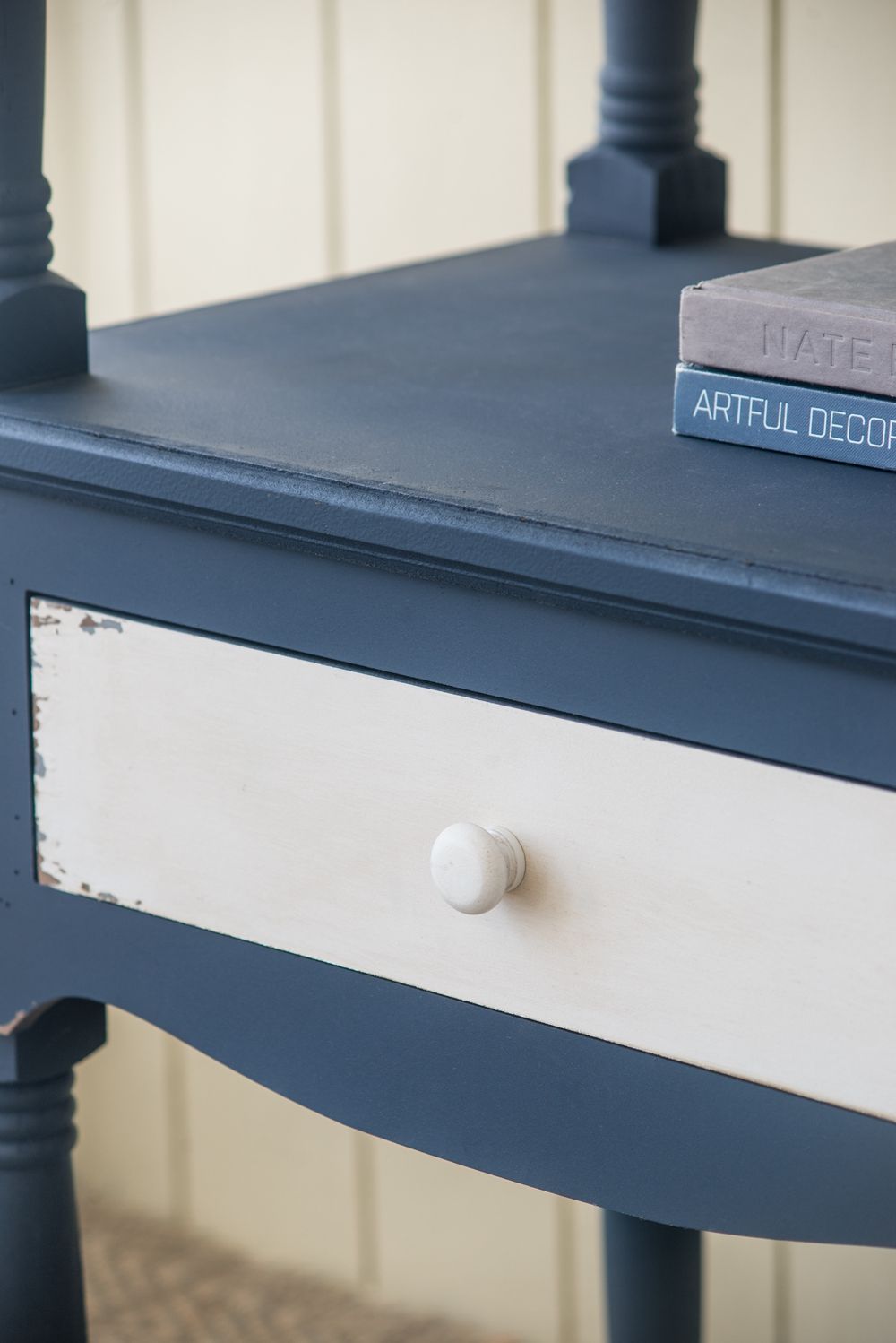 4 Tiered Wooden Shelf With Two Drawers, Farmhouse Wood Bookcase Display Storage Shelf Etageres - Antique Navy Blue