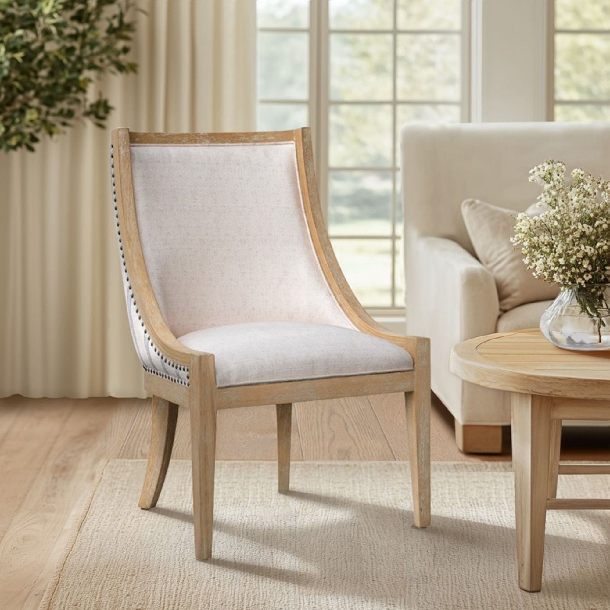 Upholstered Dining Chair With Nailhead Trim - Beige / Natural