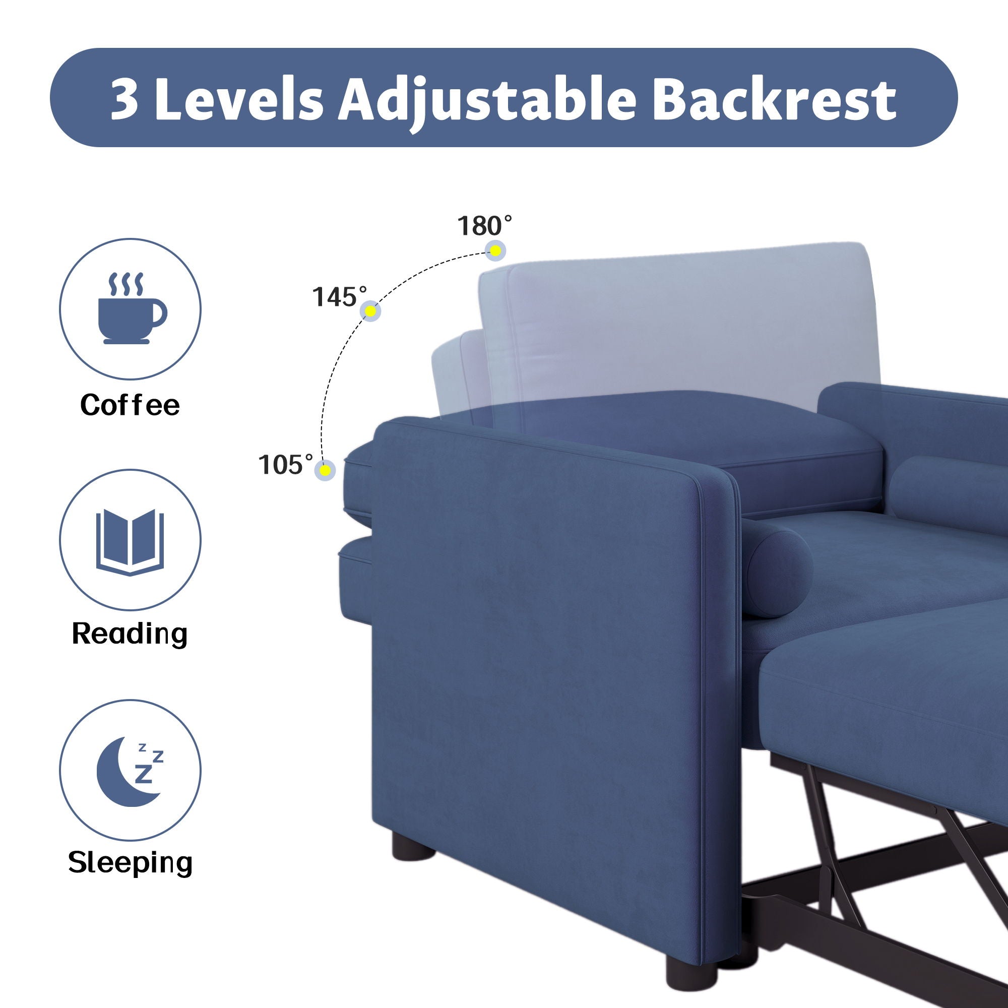 3 In 1 Convertible Sleeper Chair With Adjustable Backrest, Lounger Chair Turns Into Bed