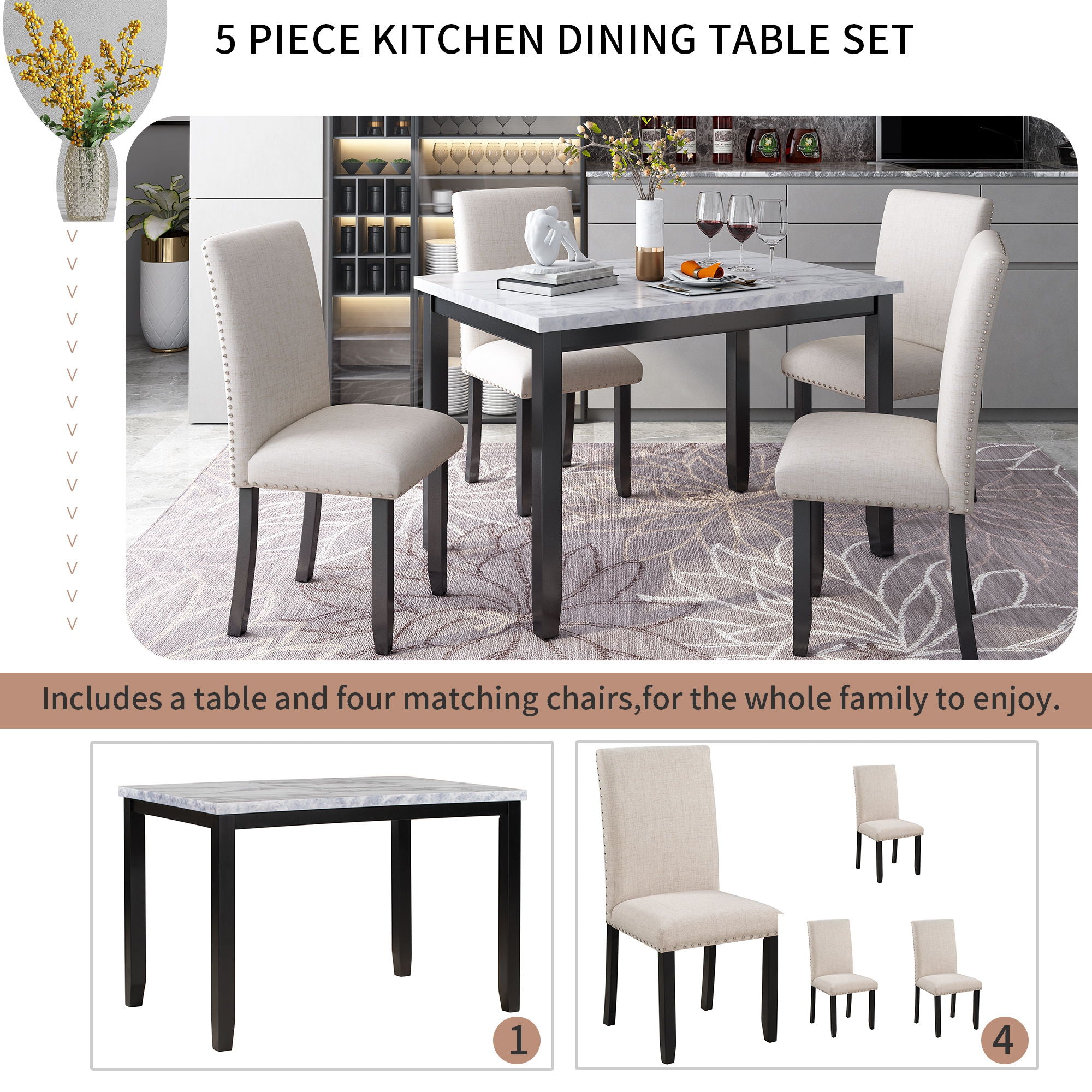 5 Piece Dining Set Table With 4 Thicken Cushion Dining Chairs - White / Beige / Black